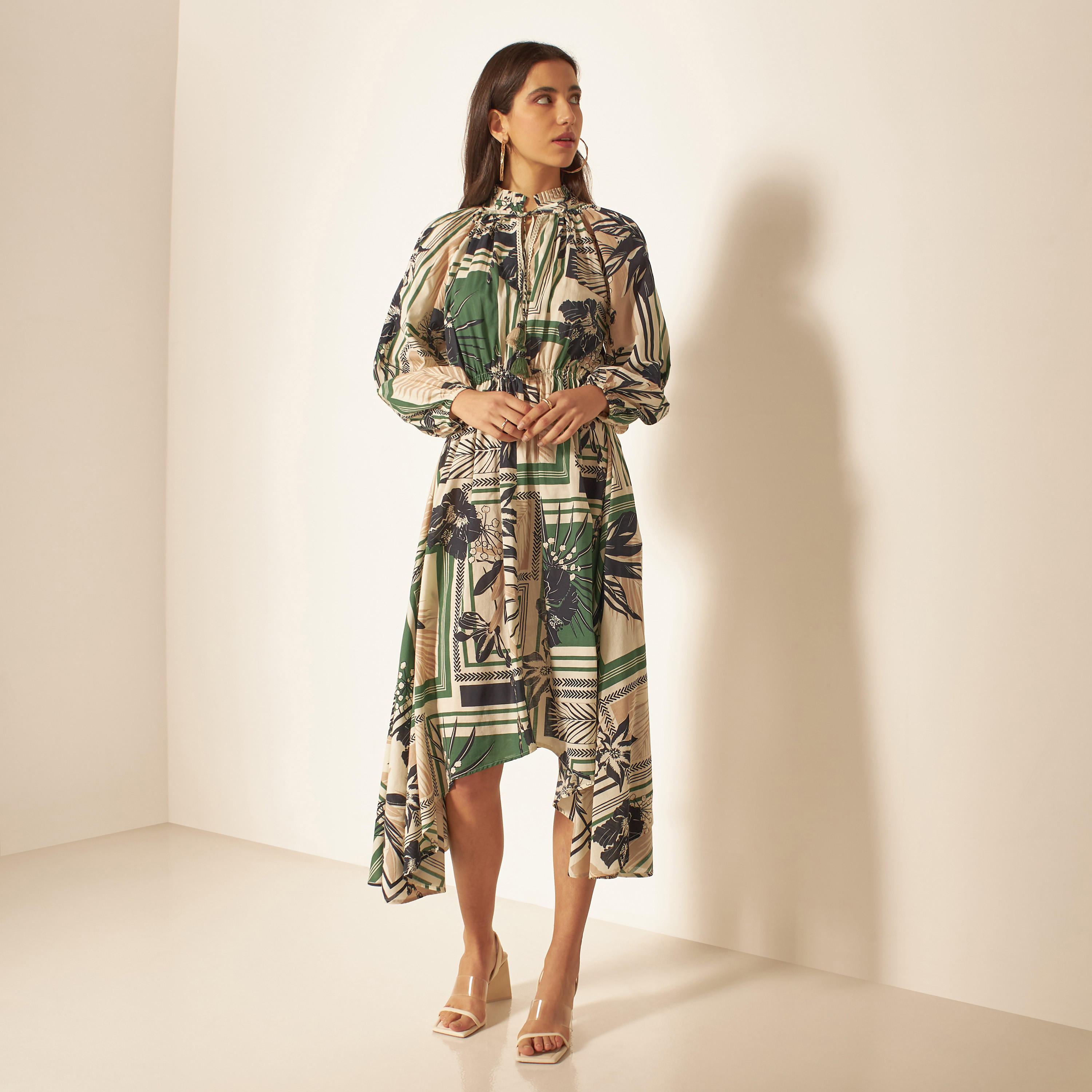 All-Over Print Asymmetric Midi Dress with Tie-Up Detail-women-clothing-dresses-image-2