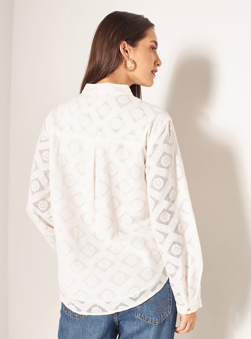 قميص شبكي بارز الملمس بياقة ماندارين وأكمام طويلة-women-clothing-shirtsandblouses-shirts-image-2