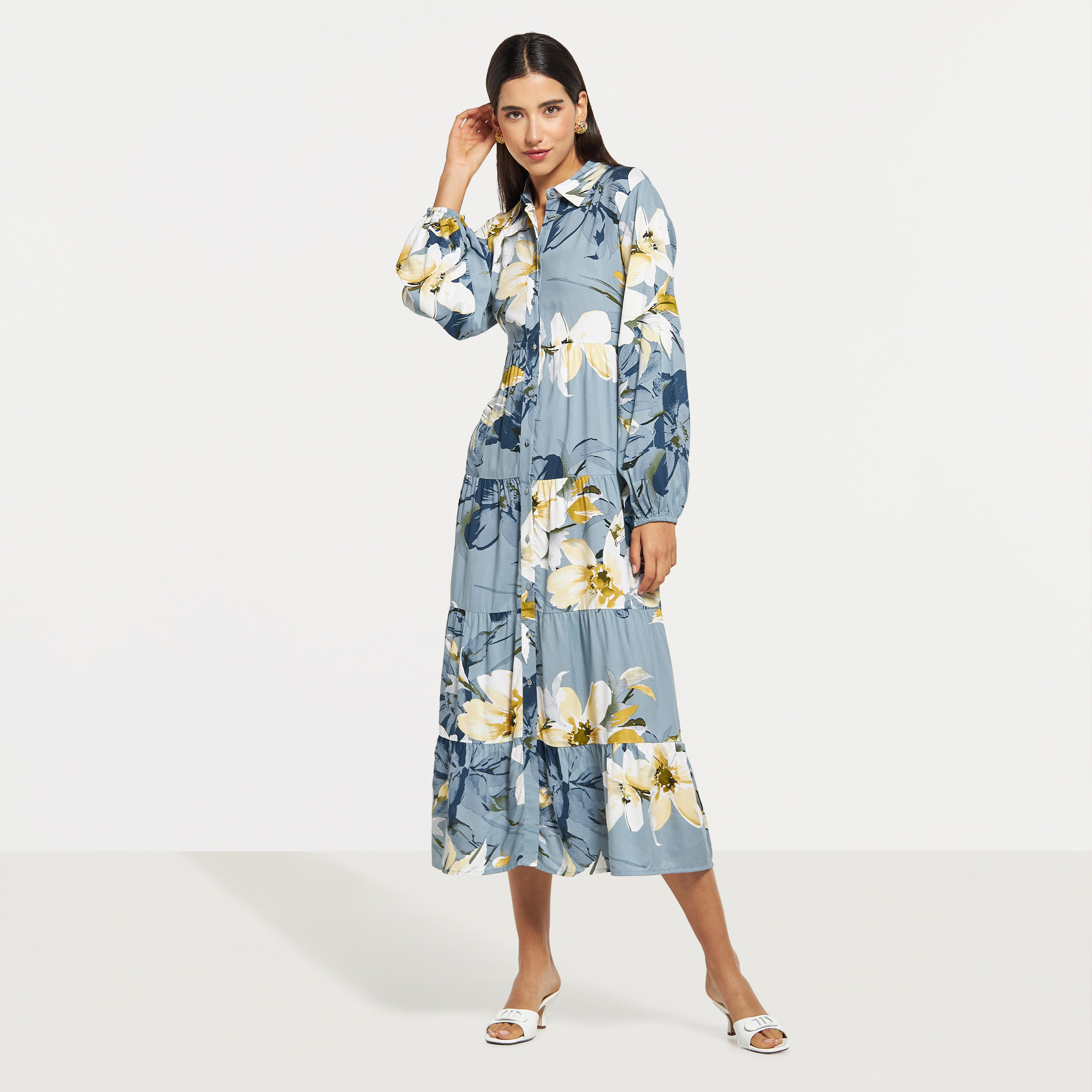 فستان طويل متعدد الطبقات بأكمام طويلة وطبعات أزهار-women-clothing-dresses-image-1