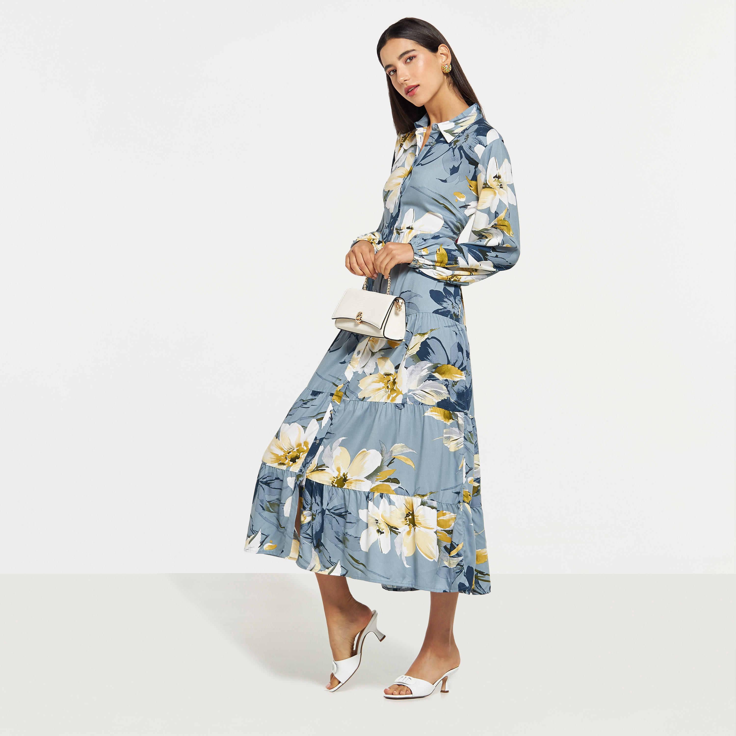 All-Over Floral Print Tiered Maxi Shirt Dress with Long Sleeves-women-clothing-dresses-image-2