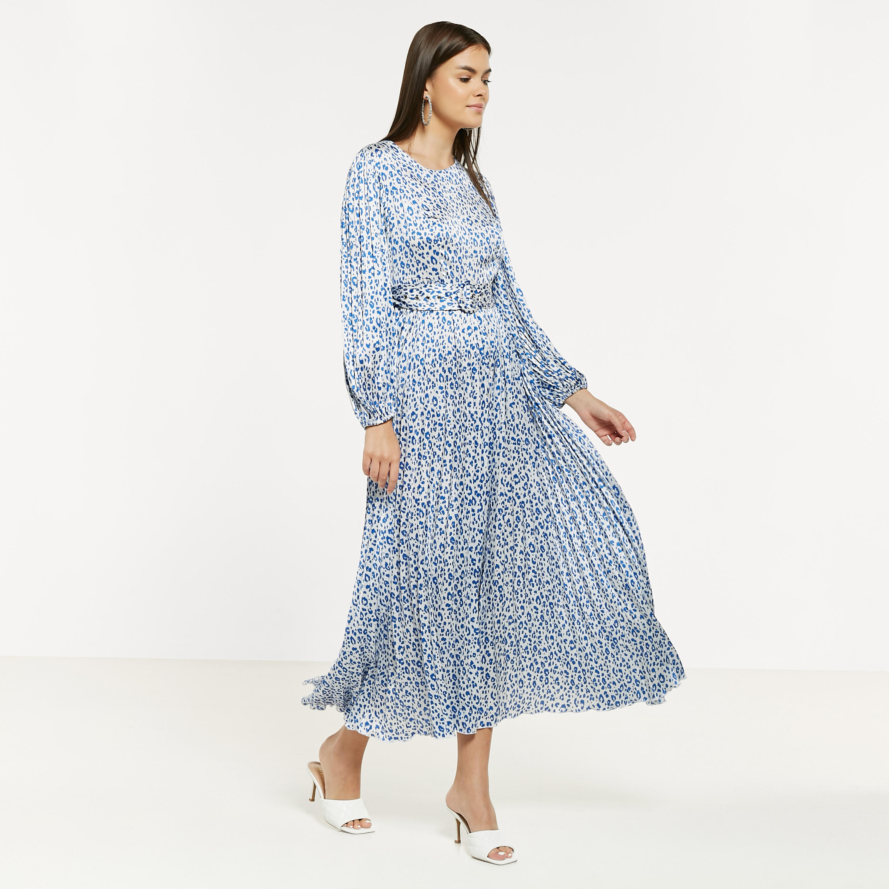 فستان إيه لاين طويل بحزام وطبعات وأكمام منفوخة-women-clothing-dresses-image-1