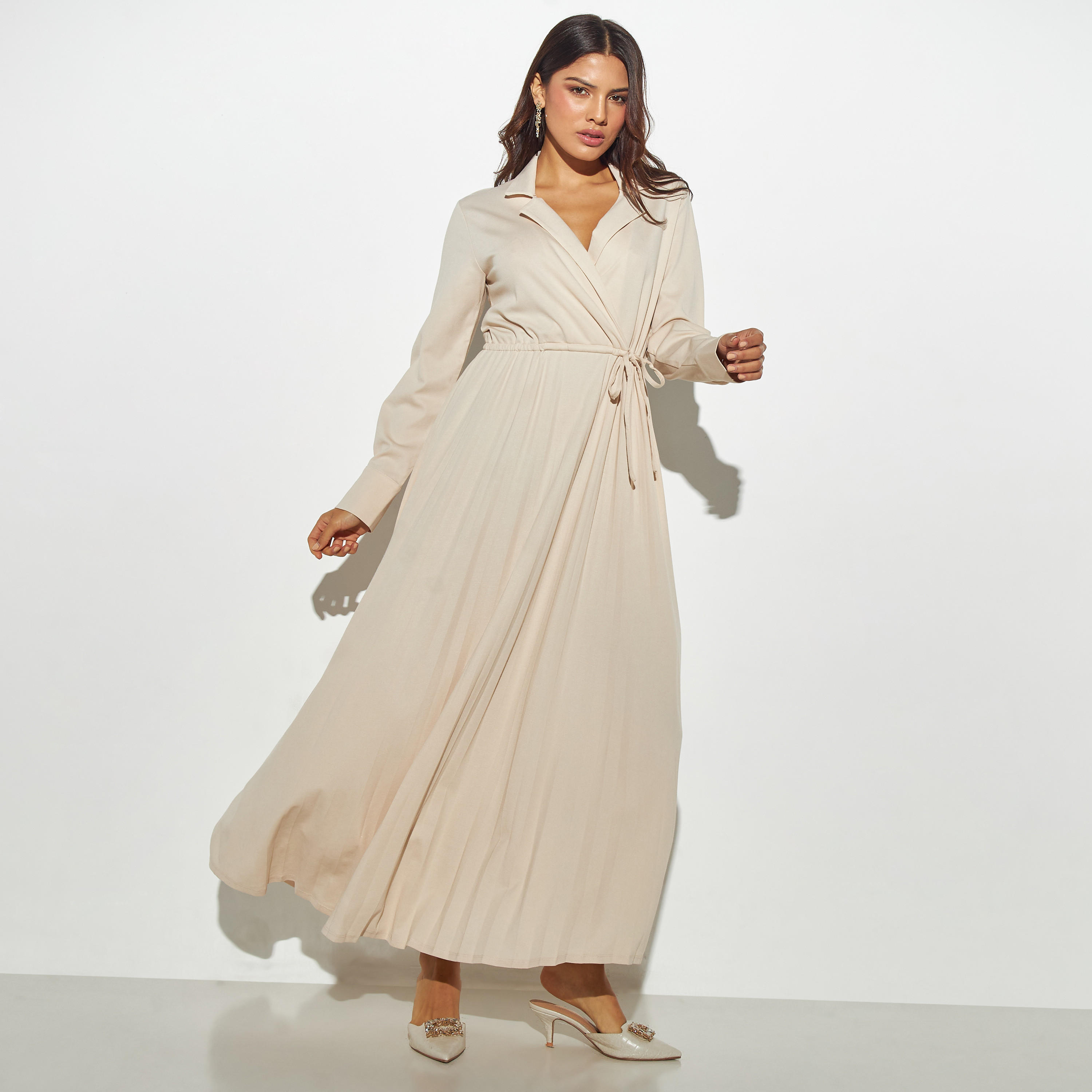 Solid Maxi Dress with Notch Lapel and Tie-Ups-women-clothing-dresses-image-1