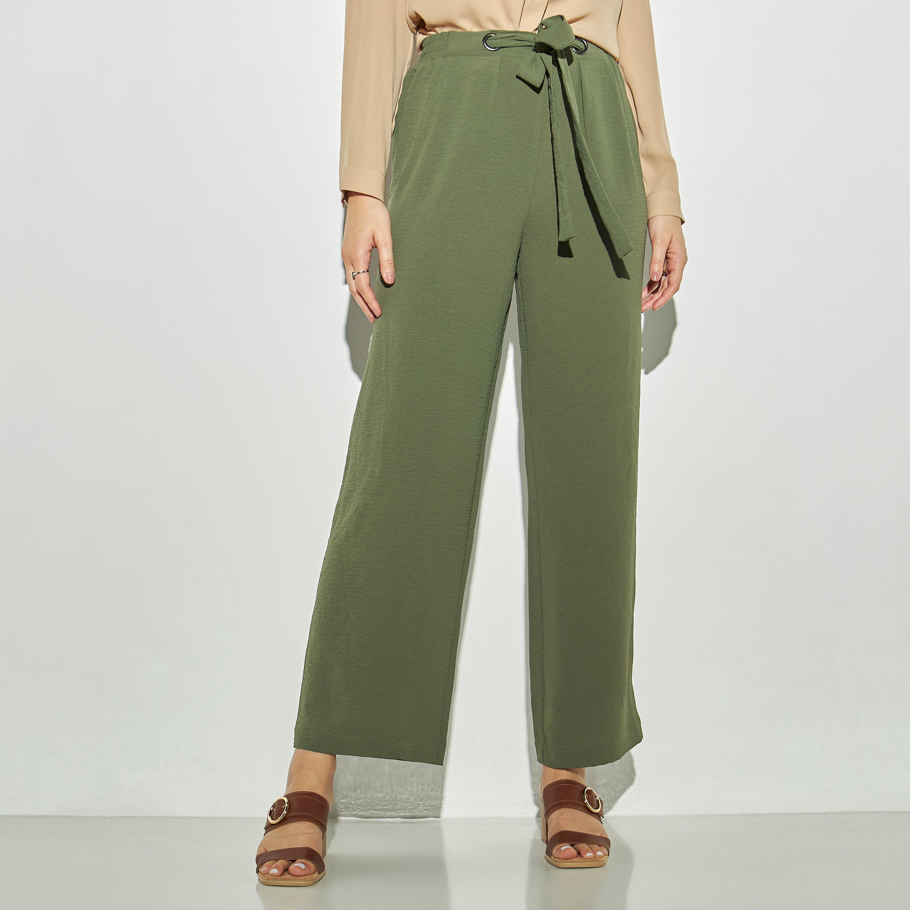 بنطلون سادة واسع الساقين بحزام ربط-women-clothing-bottoms-trousers-image-1