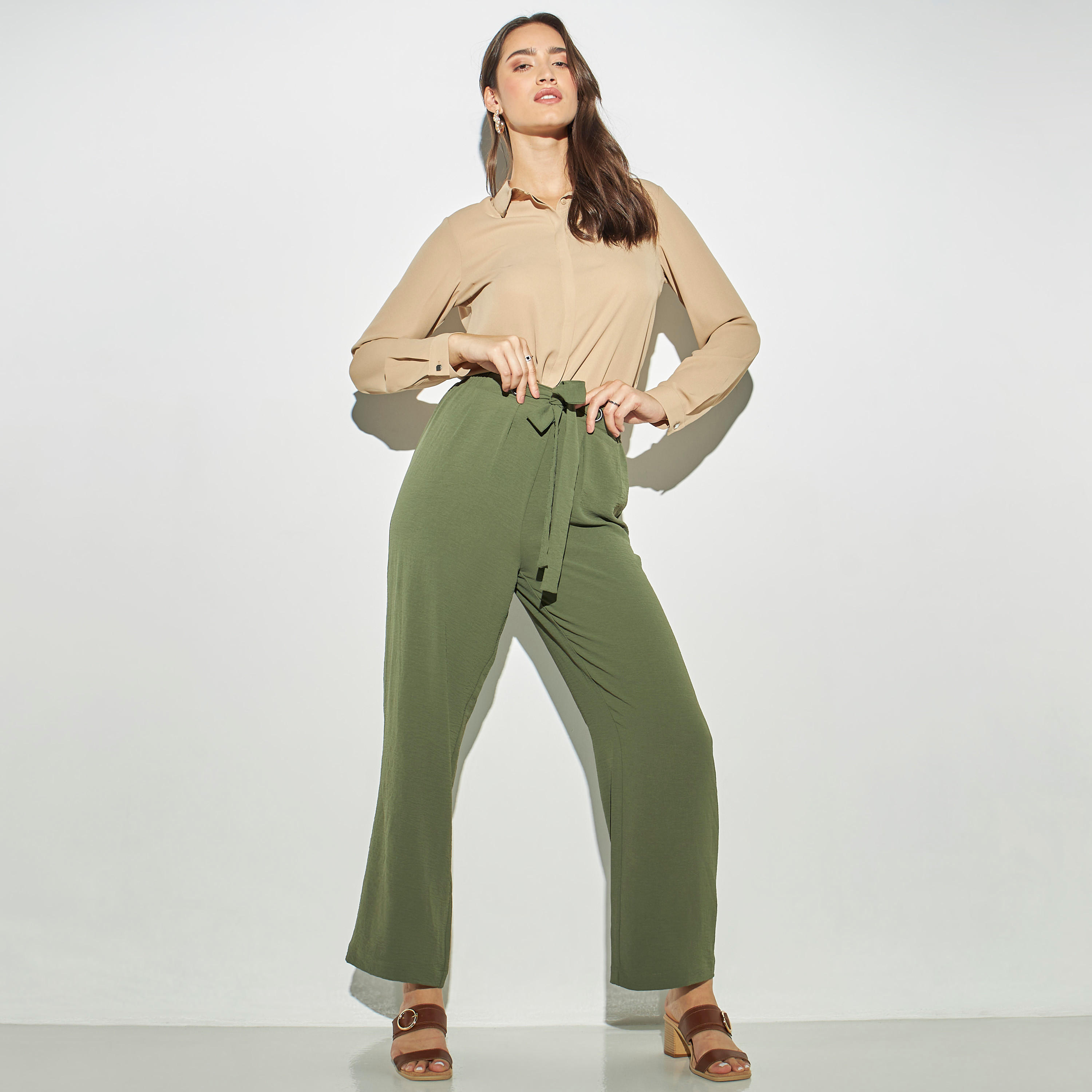 بنطلون سادة واسع الساقين بحزام ربط-women-clothing-bottoms-trousers-image-2