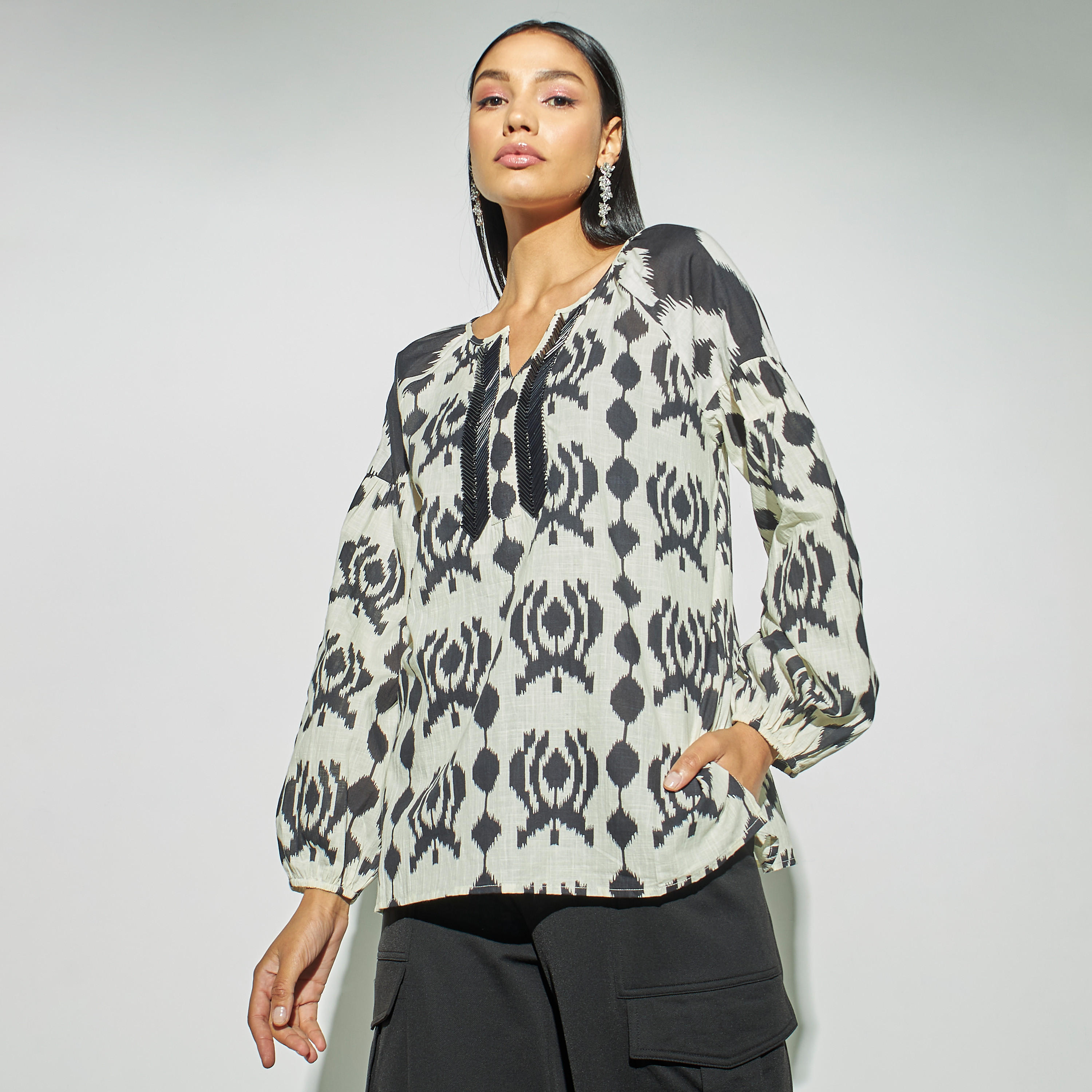 All-Over Ikkat Print Split Neck Top with Volume Sleeves-women-clothing-shirtsandblouses-blouses-image-1