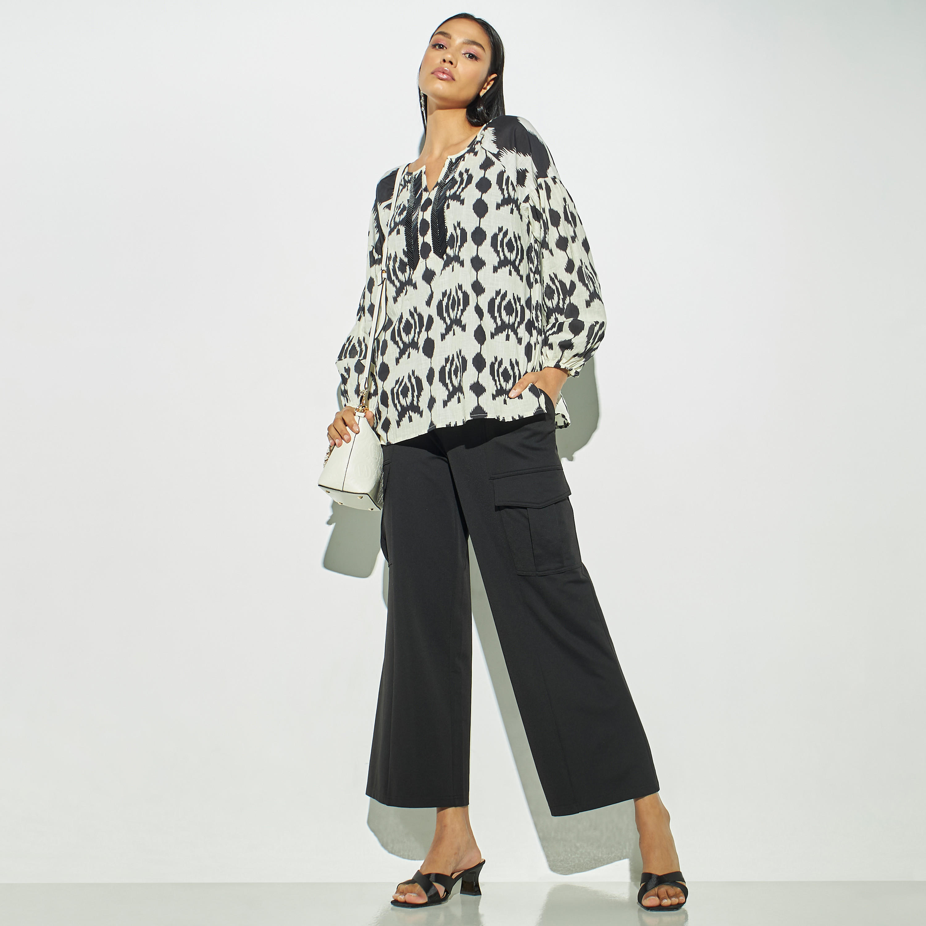 All-Over Ikkat Print Split Neck Top with Volume Sleeves-women-clothing-shirtsandblouses-blouses-image-2