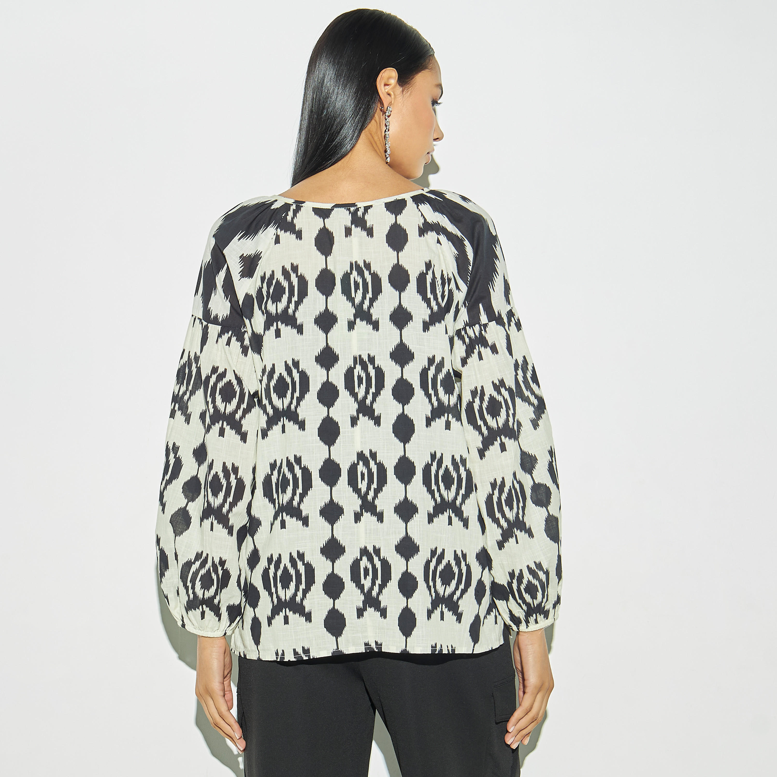 All-Over Ikkat Print Split Neck Top with Volume Sleeves-women-clothing-shirtsandblouses-blouses-image-3