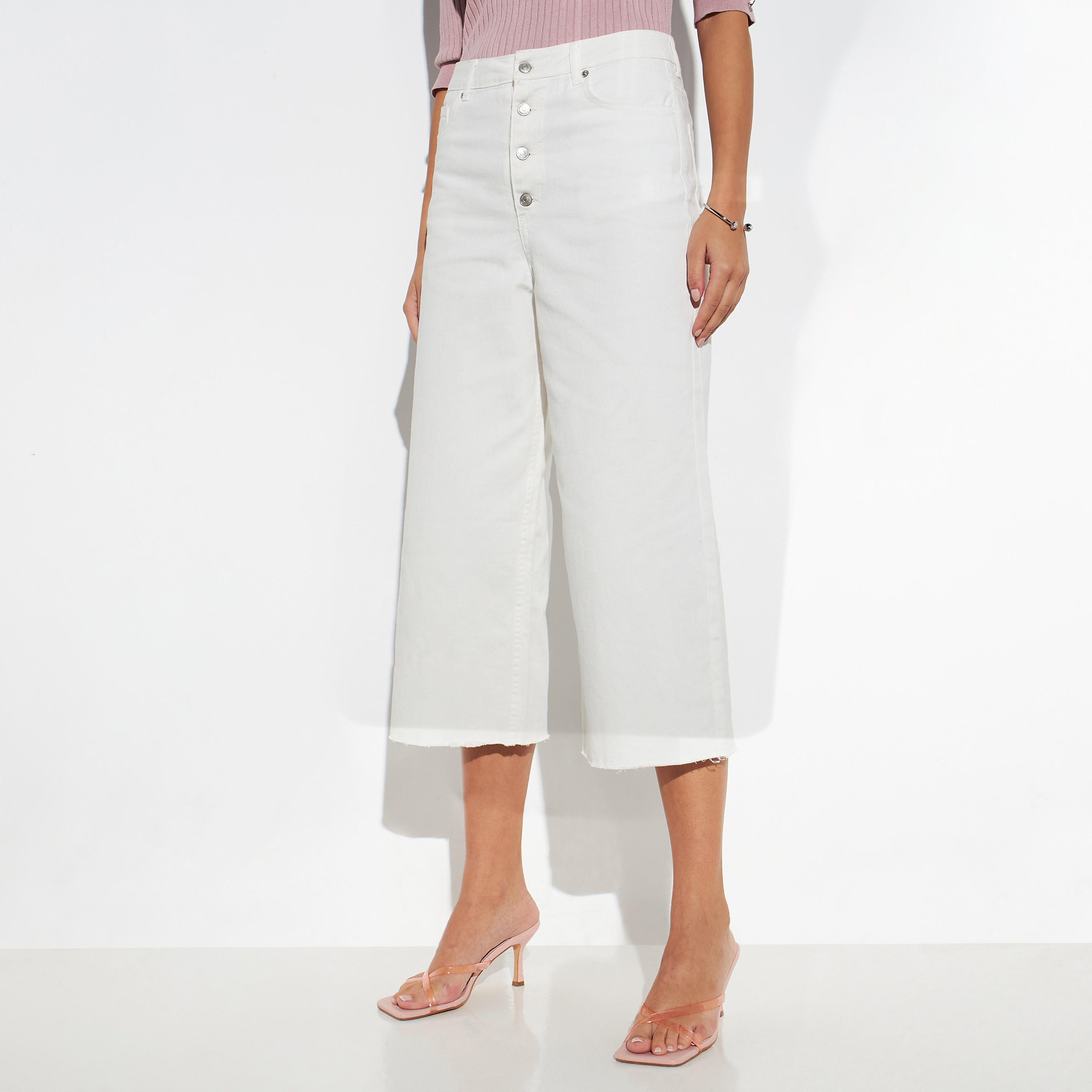 Plain Denim Culottes with Pockets and Frayed Hem-women-clothing-bottoms-jeans-image-1
