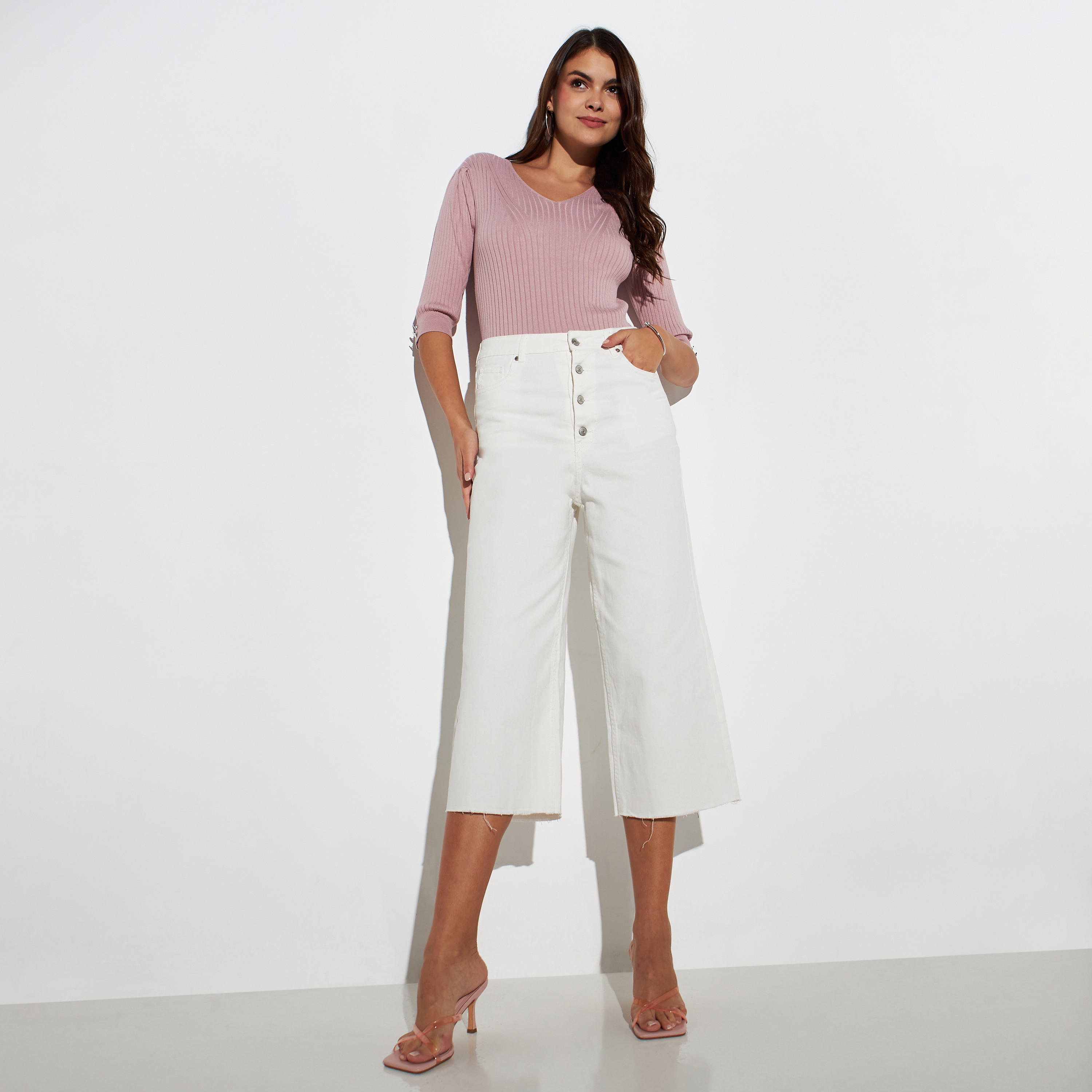 Plain Denim Culottes with Pockets and Frayed Hem-women-clothing-bottoms-jeans-image-2