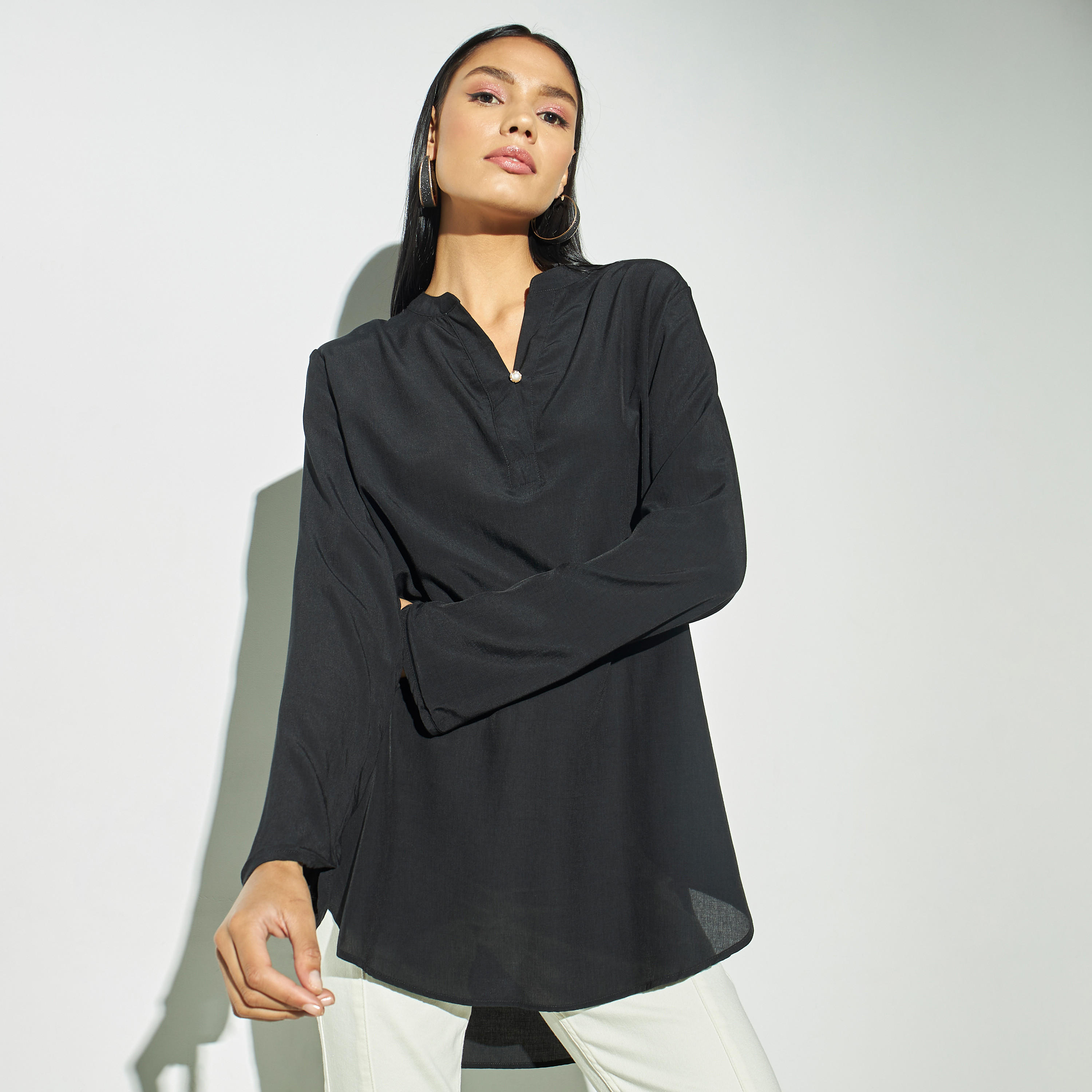قميص بياقة ماندارين وأكمام طويلة وأزرار-women-clothing-shirtsandblouses-blouses-image-4