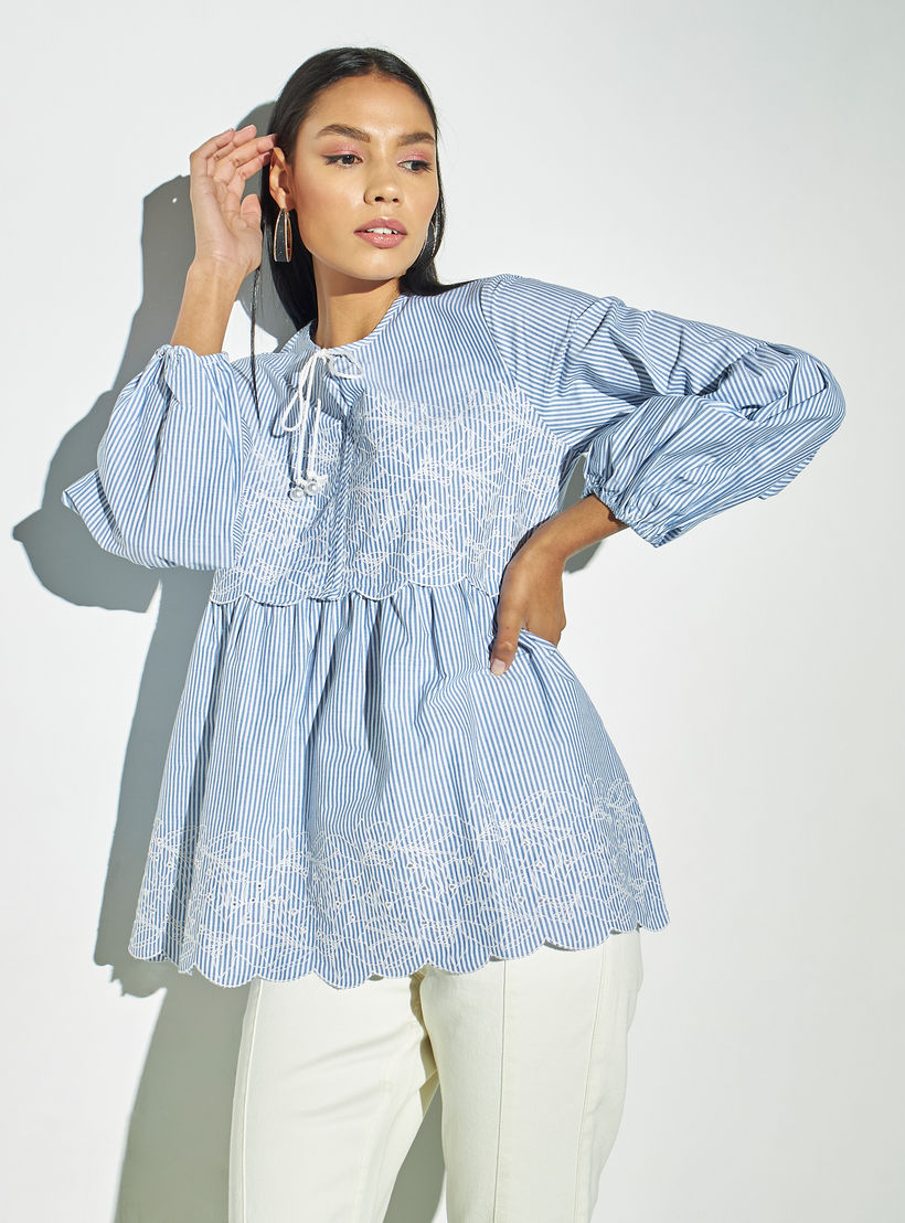 بلوزة إيه لاين مقلّمة ومطرزة بأربطة-women-clothing-shirtsandblouses-blouses-image-1