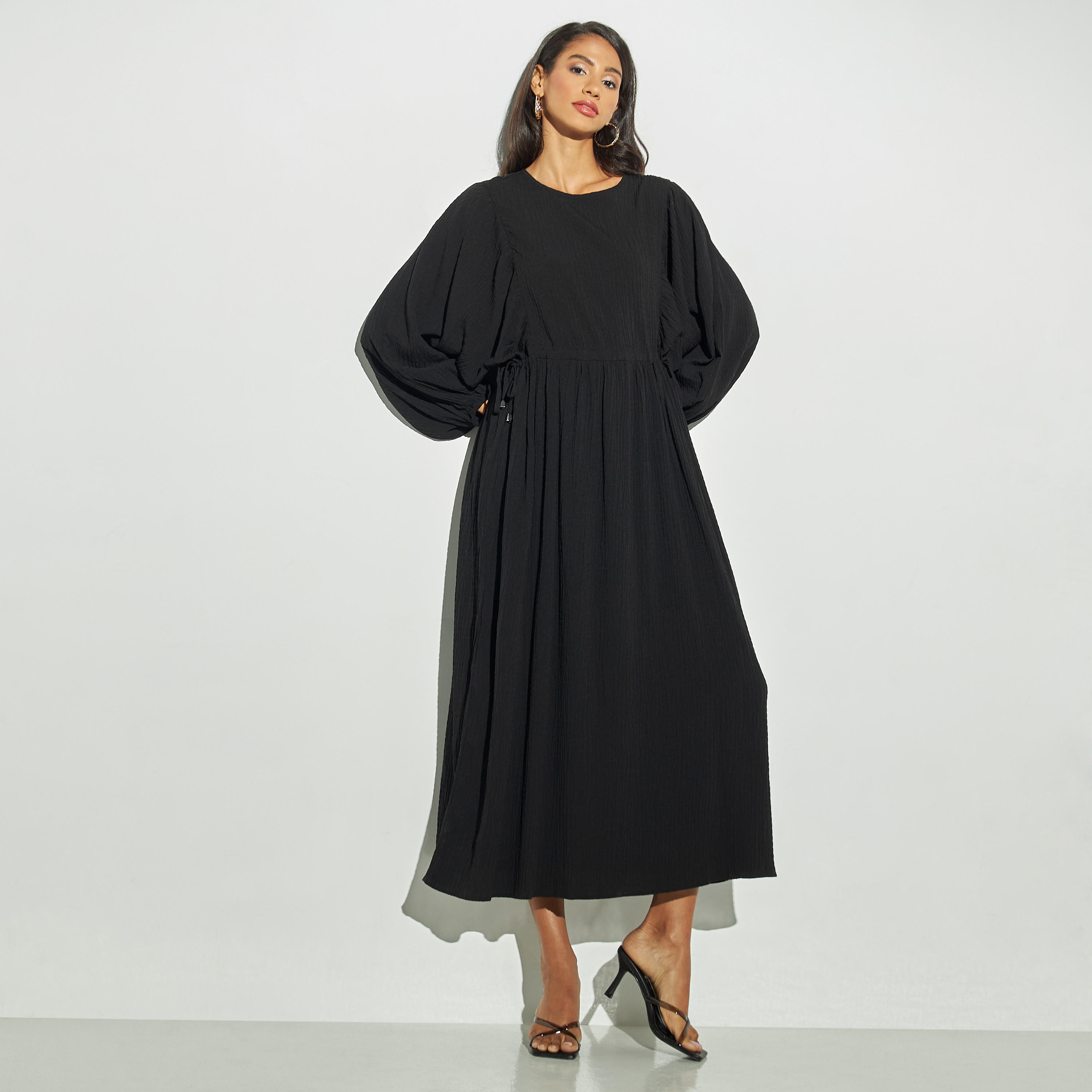 فستان بارز الملمس بياقة مستديرة وأكمام فوليوم وأربطة-women-clothing-dresses-image-1