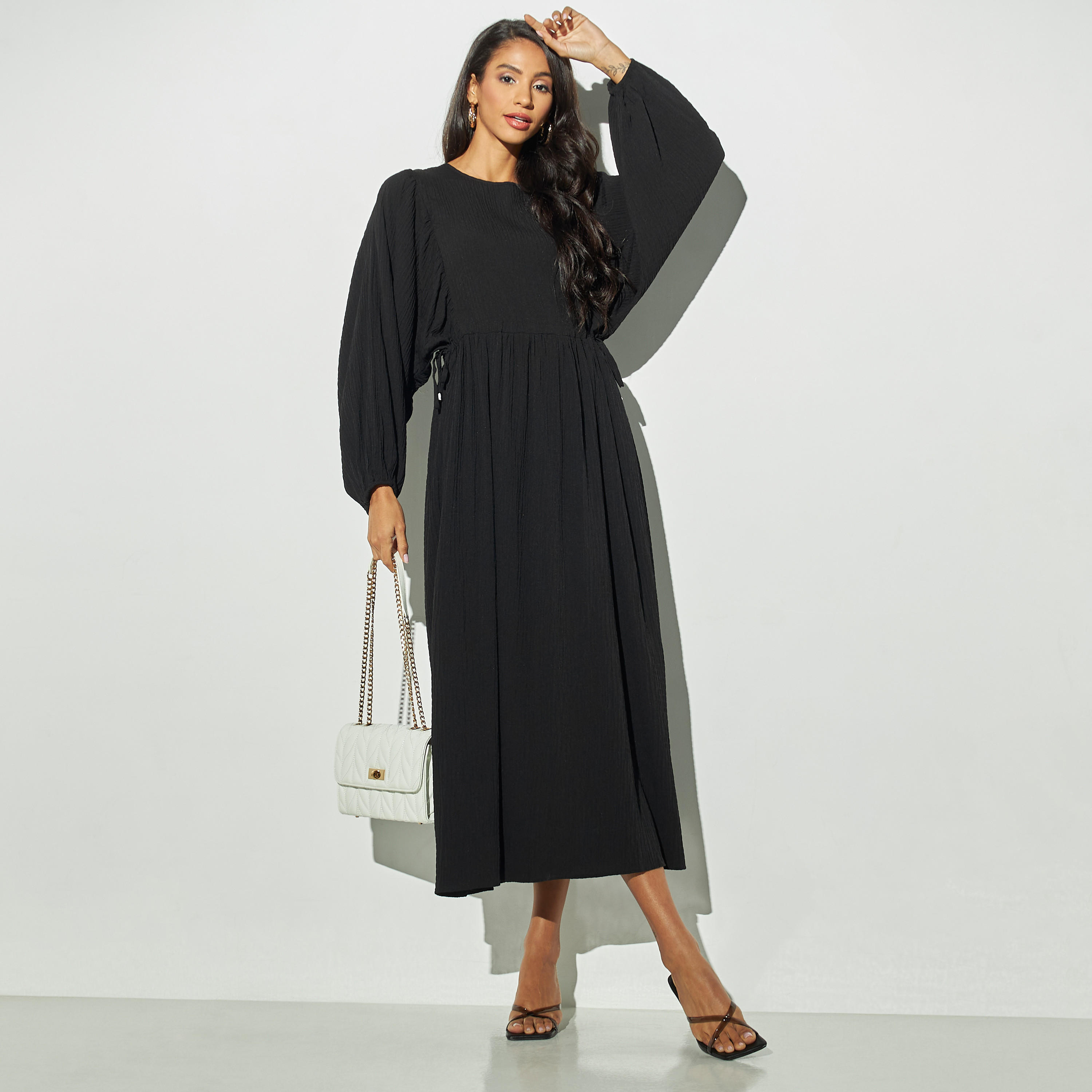 فستان بارز الملمس بياقة مستديرة وأكمام فوليوم وأربطة-women-clothing-dresses-image-2