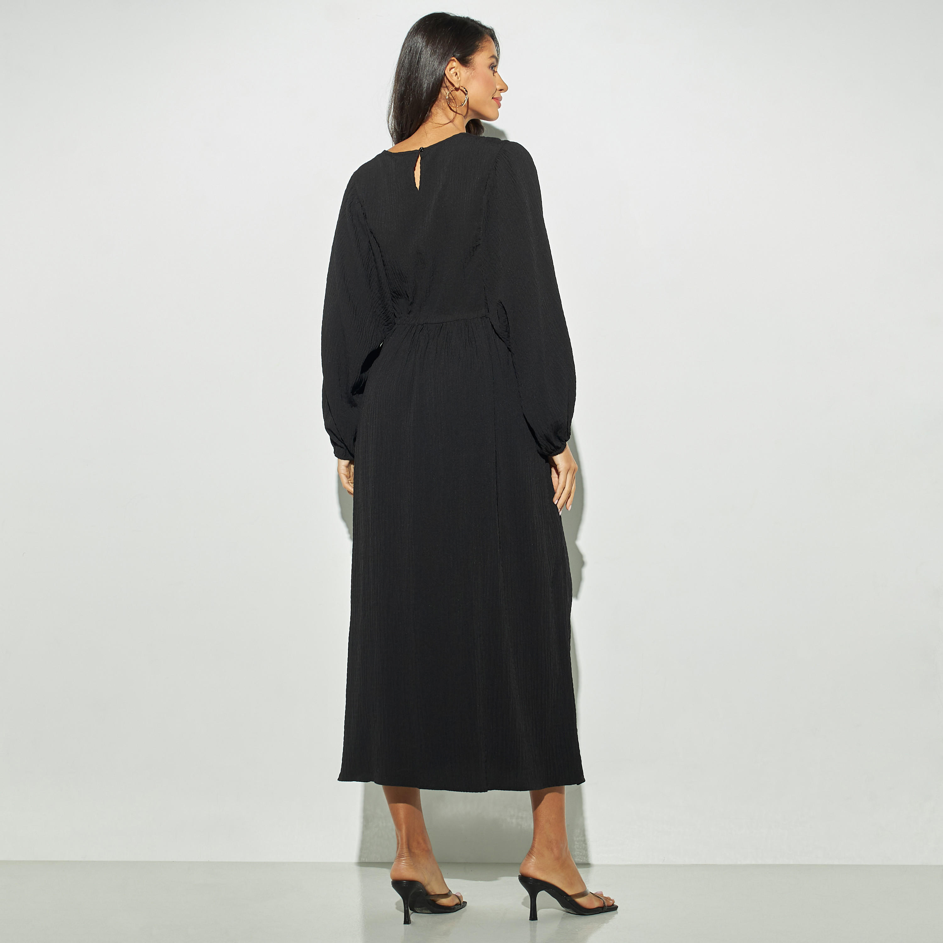 فستان بارز الملمس بياقة مستديرة وأكمام فوليوم وأربطة-women-clothing-dresses-image-3