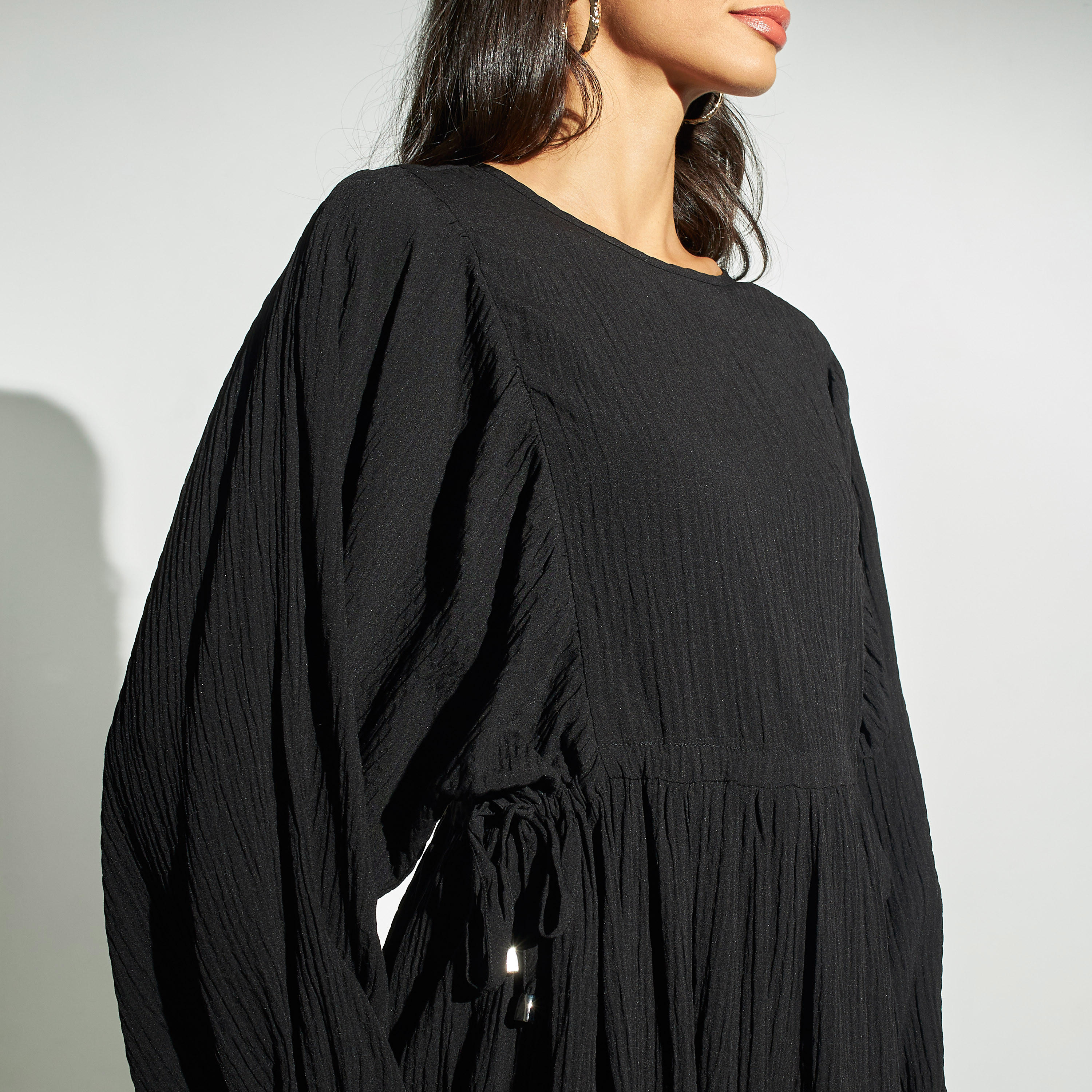 فستان بارز الملمس بياقة مستديرة وأكمام فوليوم وأربطة-women-clothing-dresses-image-4