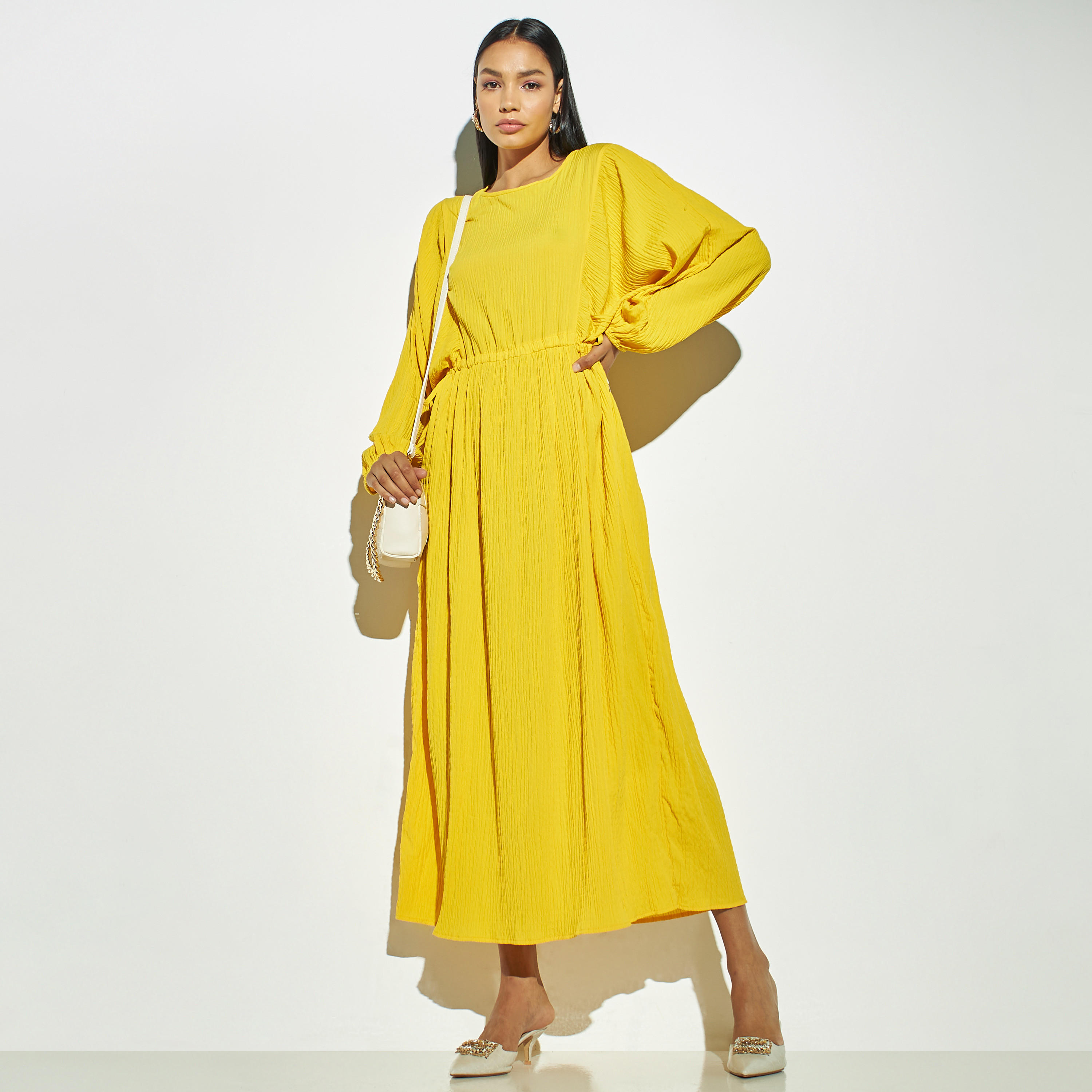 فستان إيه لاين ماكسي بارز الملمس بأكمام منفوخة وأربطة-women-clothing-dresses-image-1