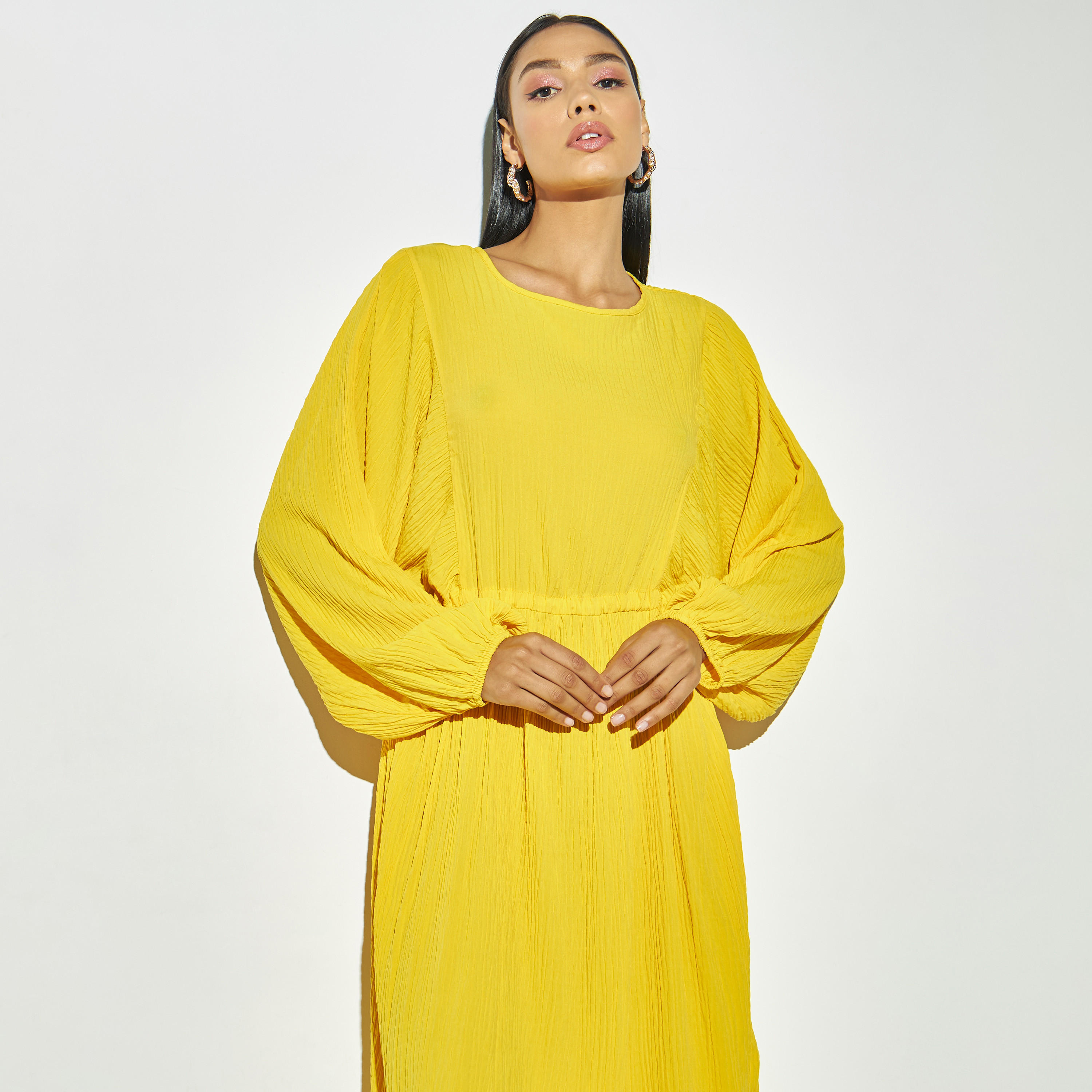 فستان إيه لاين ماكسي بارز الملمس بأكمام منفوخة وأربطة-women-clothing-dresses-image-2