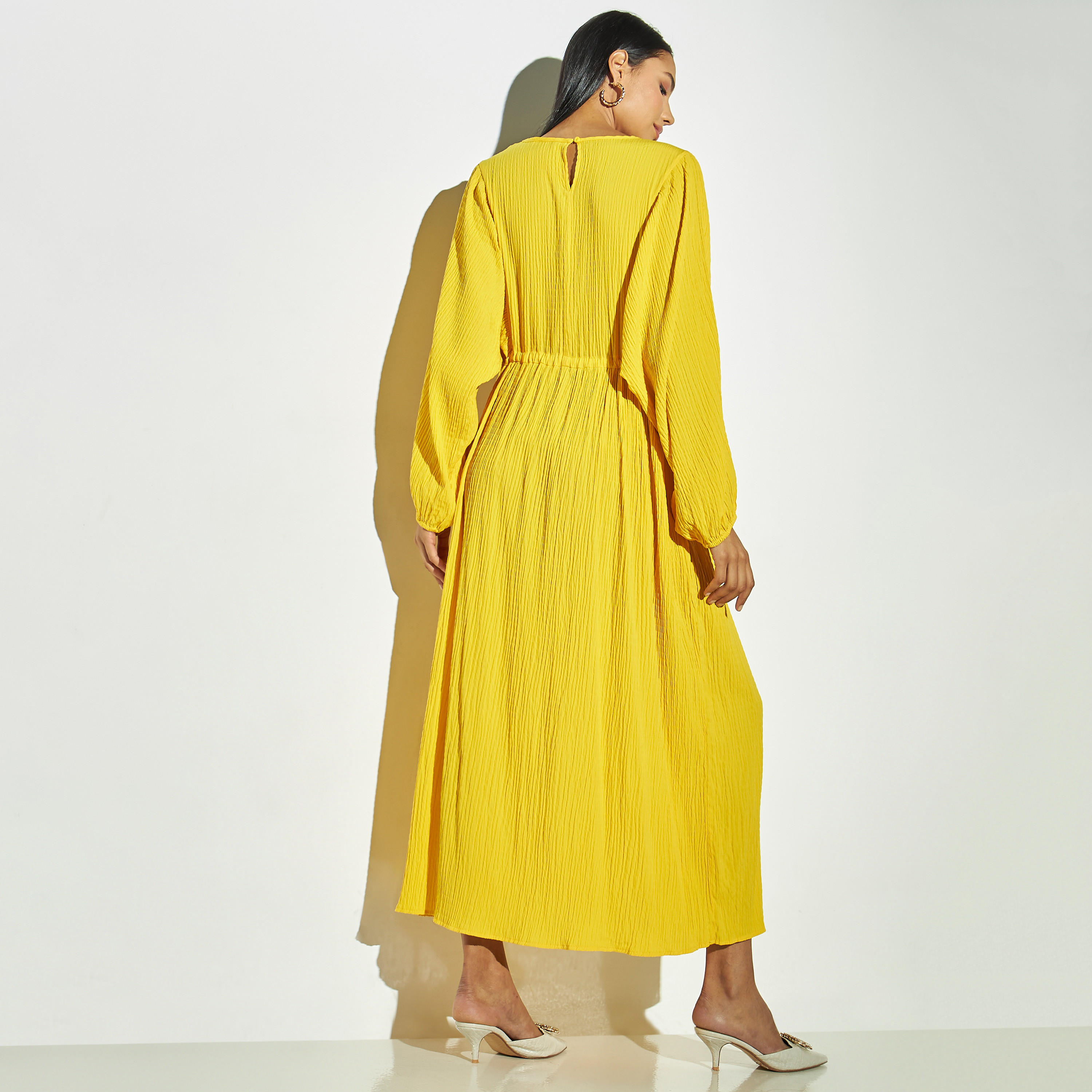 فستان إيه لاين ماكسي بارز الملمس بأكمام منفوخة وأربطة-women-clothing-dresses-image-3