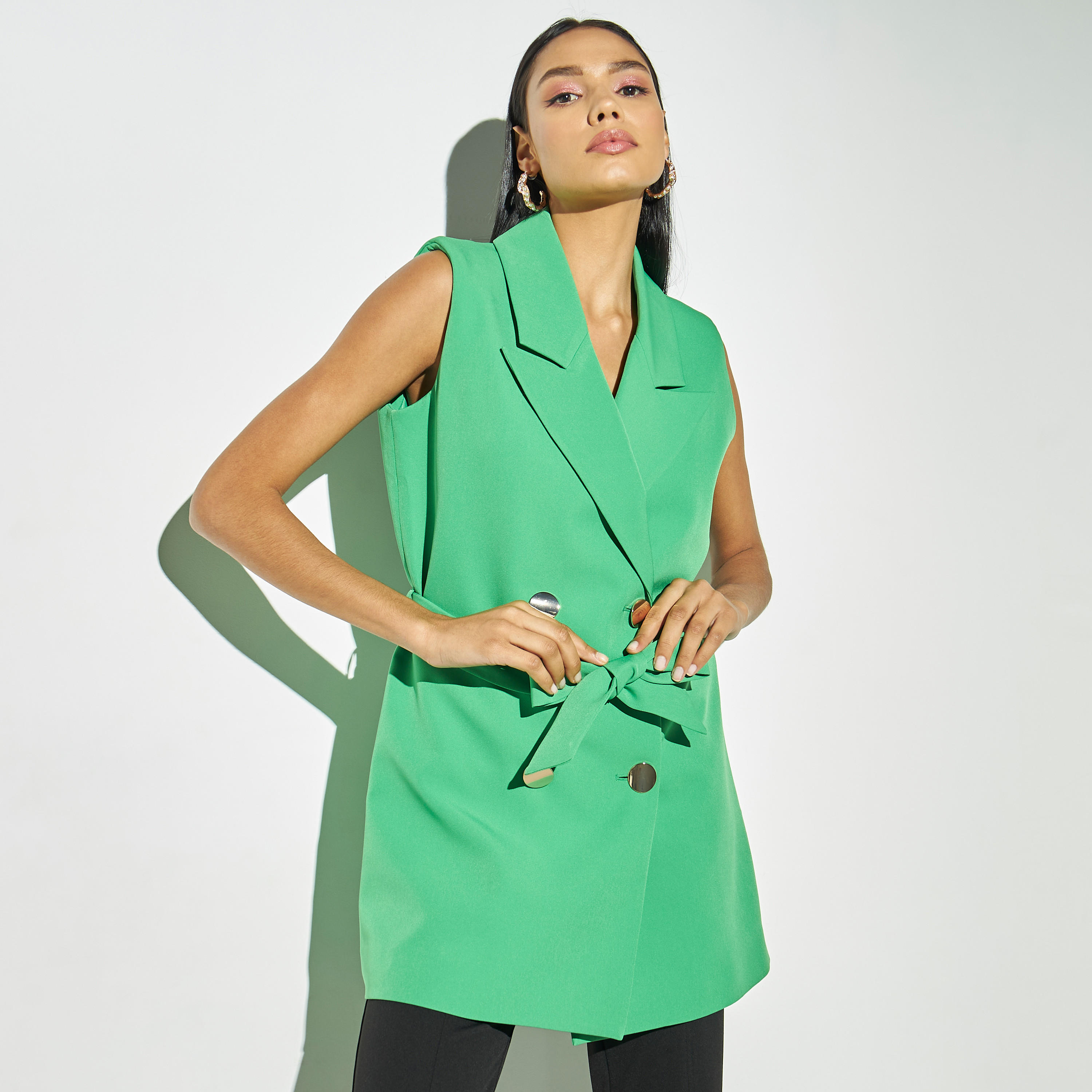 Sleeveless Jacket with Peak Lapel and Tie-Up Belt-women-winterwear-coatsandjackets-jackets-image-1