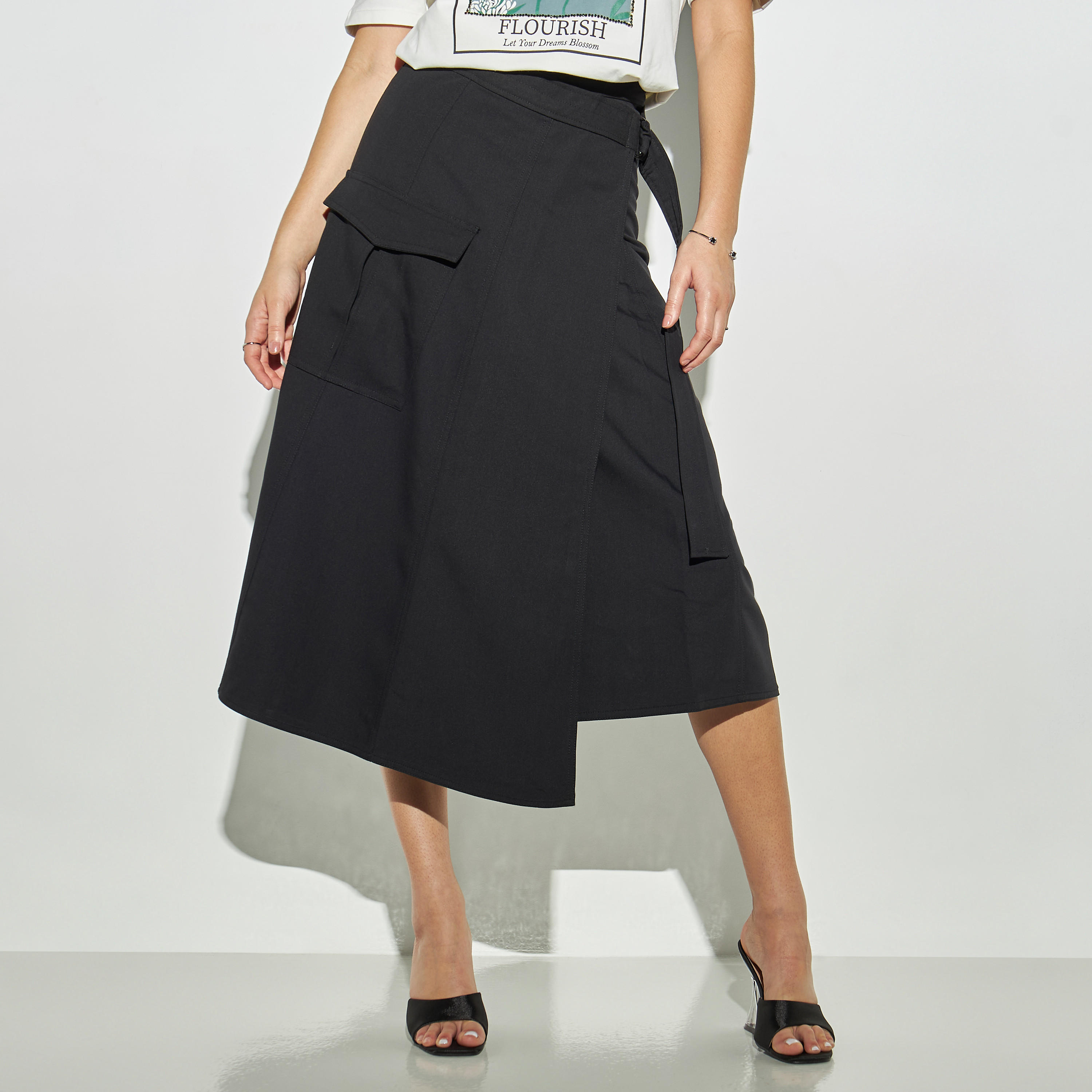 تنورة ملفوفة سادة إيه لاين بإغلاق بإبزيم-women-clothing-bottoms-skirts-image-1