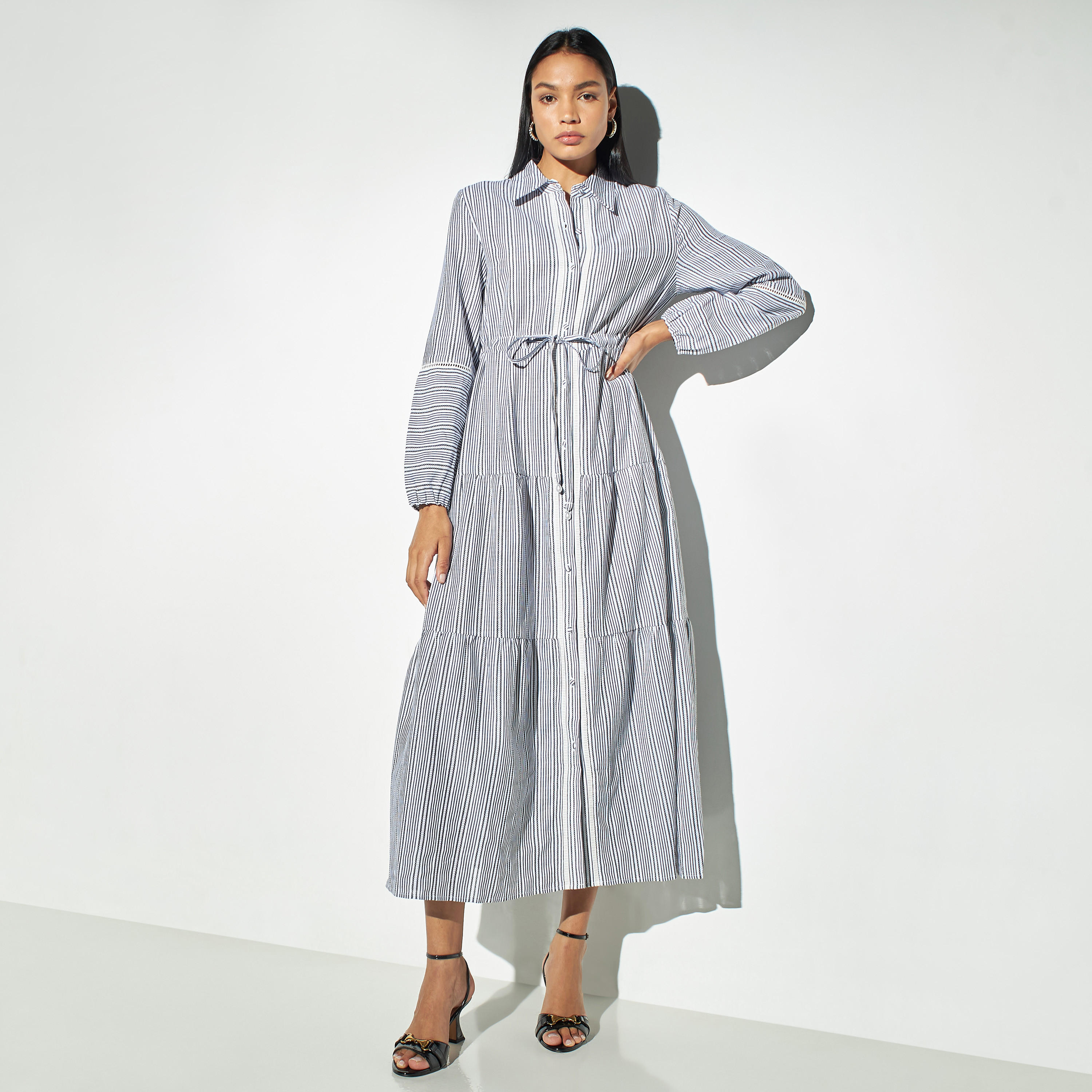 فستان قميص مخطط بأزرار وأربطة-women-clothing-dresses-image-1