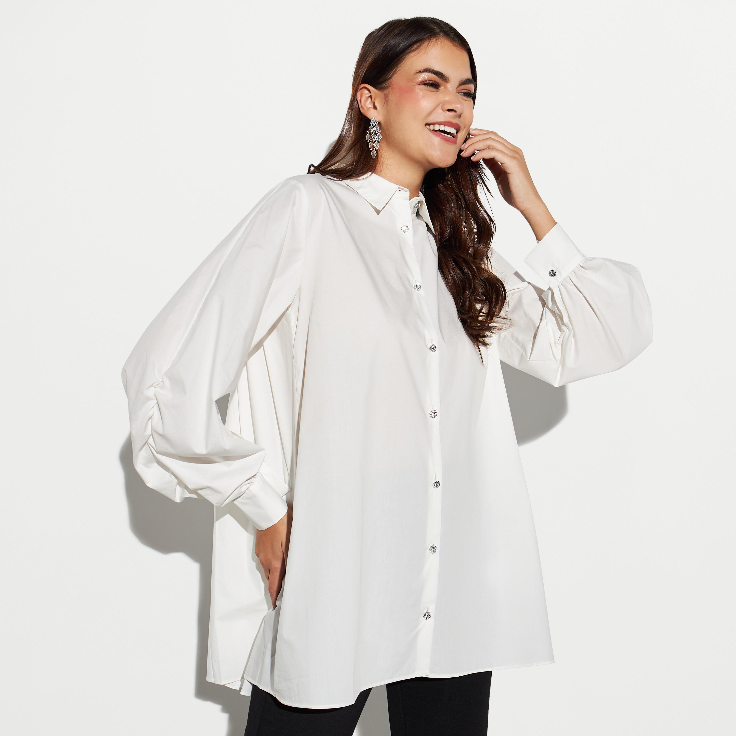 قميص طويل بأكمام منفوخة وكُسرات-women-clothing-shirtsandblouses-shirts-image-1