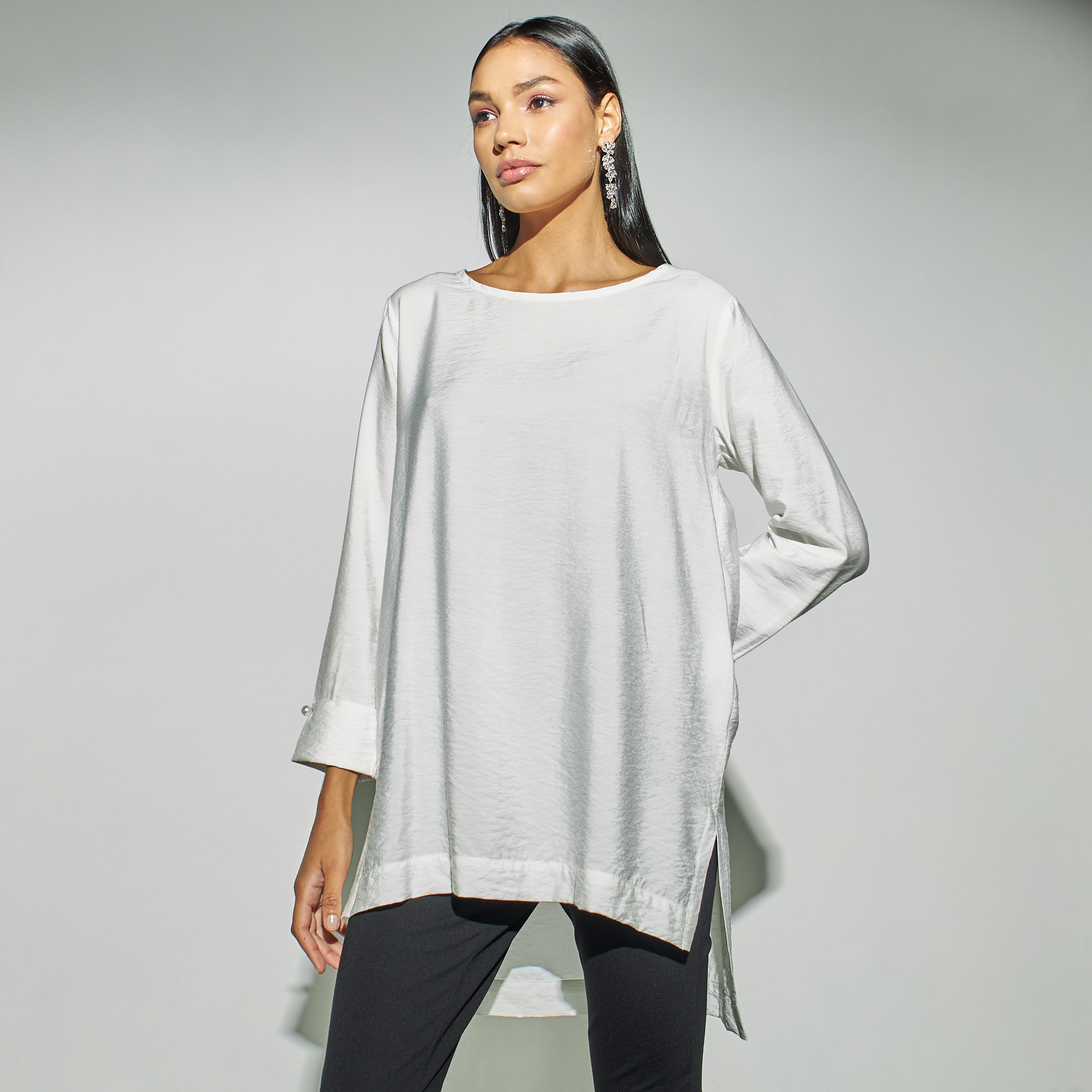 Textured High Low Airflow Top with Slit Detail and Long Sleeves-women-clothing-shirtsandblouses-blouses-image-1
