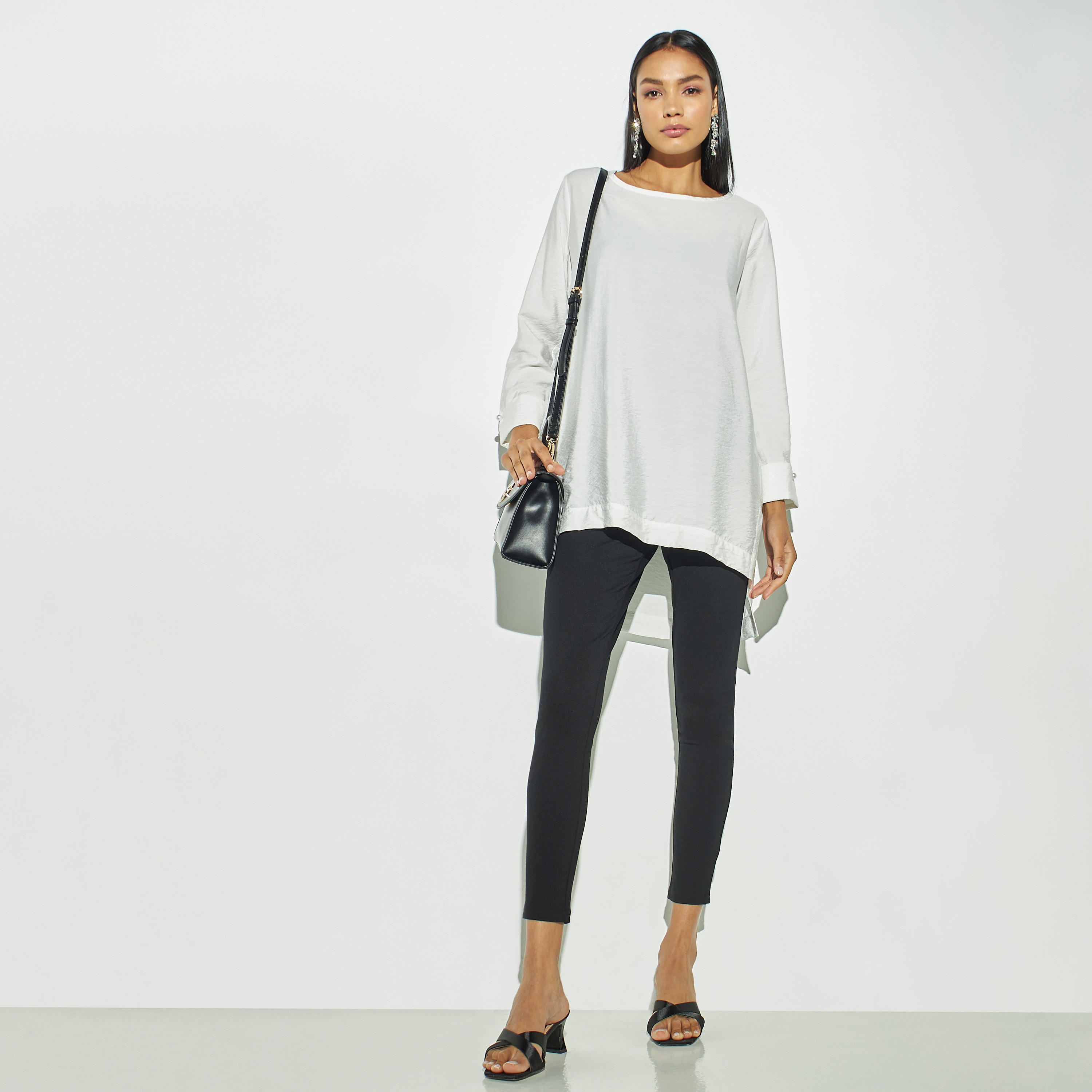 Textured High Low Airflow Top with Slit Detail and Long Sleeves-women-clothing-shirtsandblouses-blouses-image-2