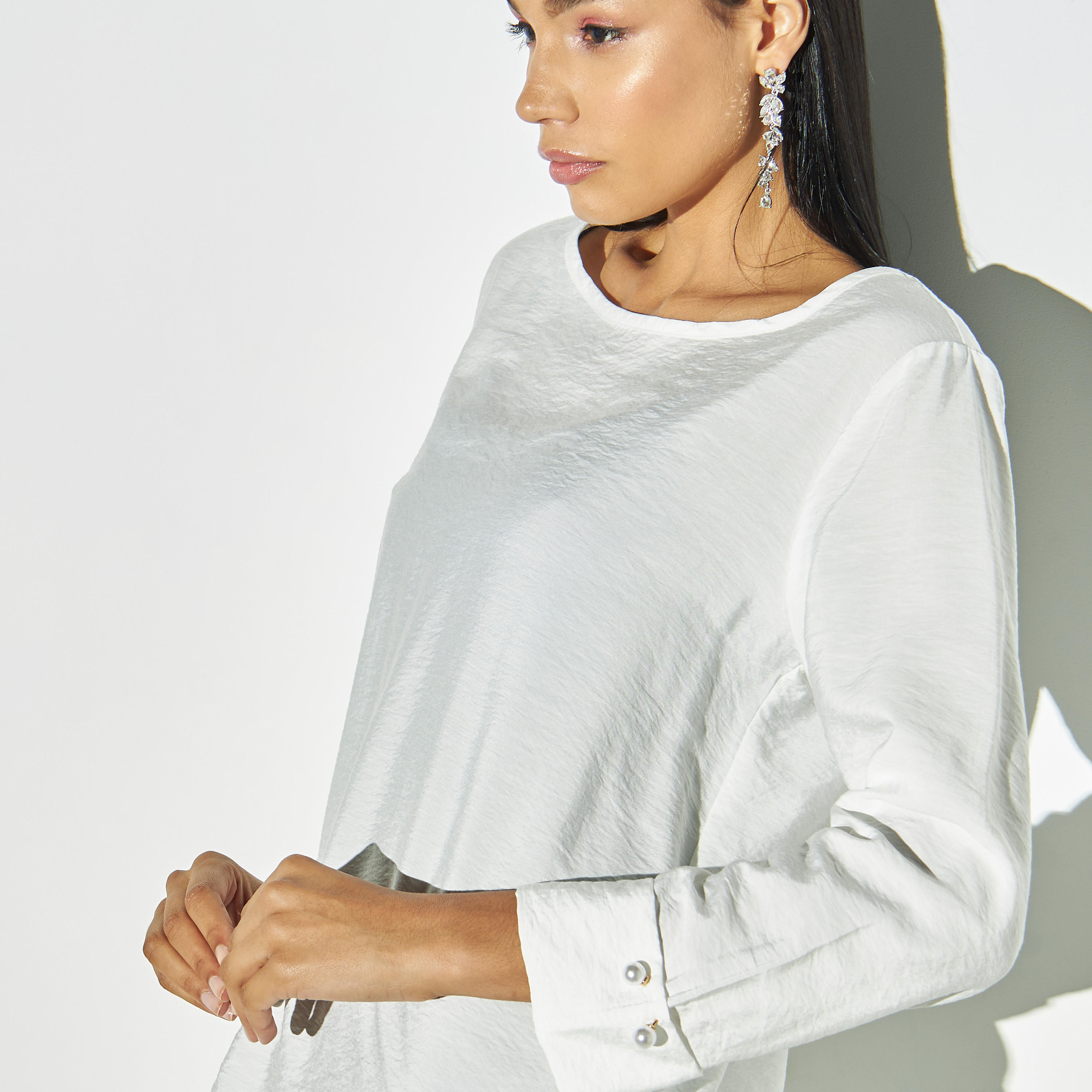 Textured High Low Airflow Top with Slit Detail and Long Sleeves-women-clothing-shirtsandblouses-blouses-image-4