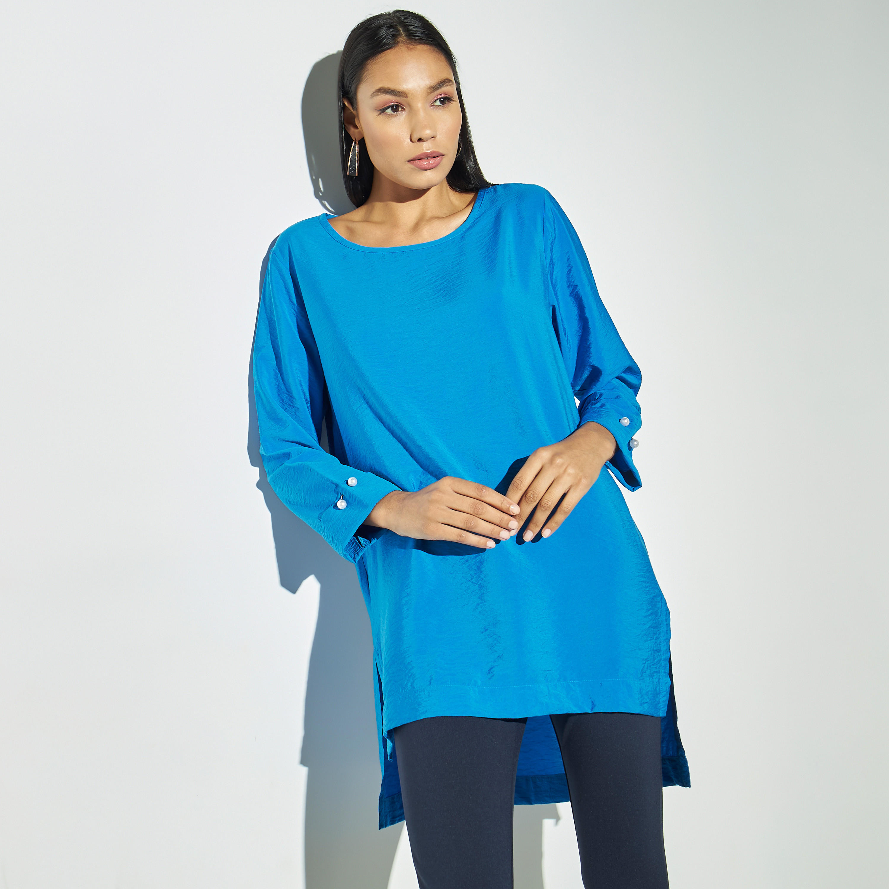 Textured High Low Airflow Top with Slit Detail and Long Sleeves-women-clothing-shirtsandblouses-blouses-image-1