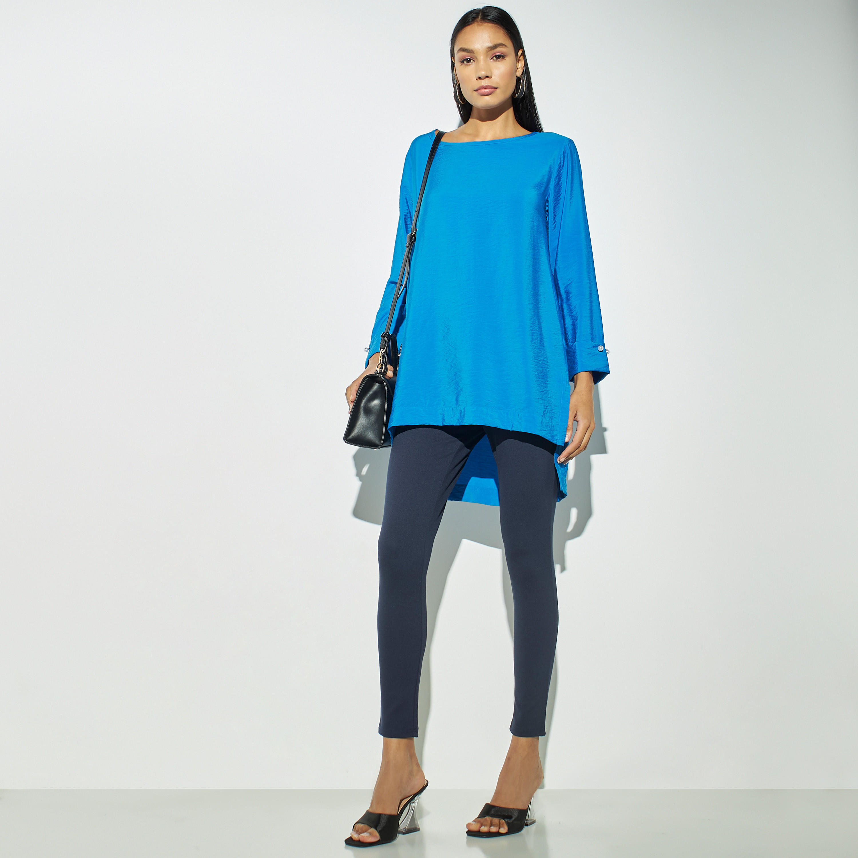 Textured High Low Airflow Top with Slit Detail and Long Sleeves-women-clothing-shirtsandblouses-blouses-image-2