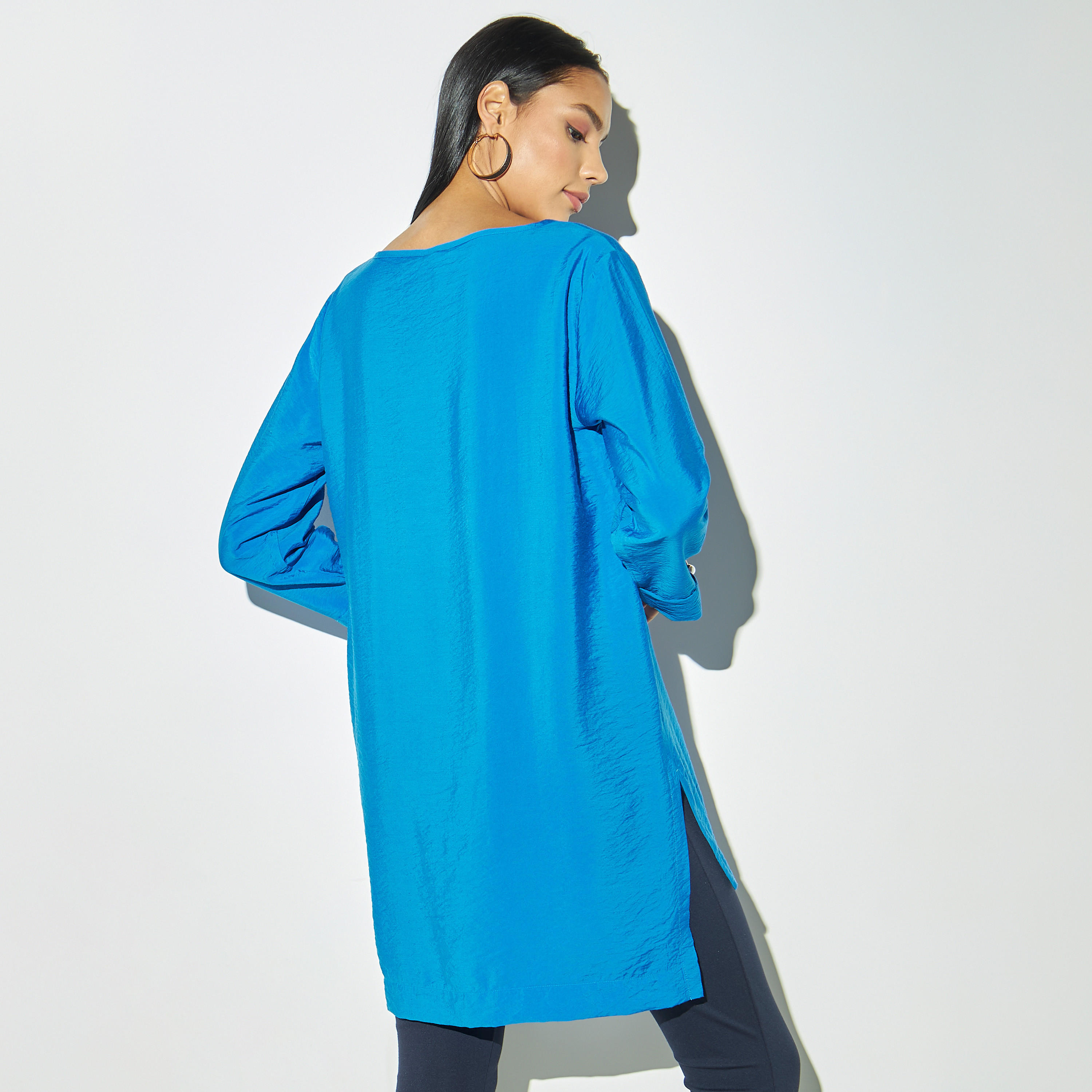Textured High Low Airflow Top with Slit Detail and Long Sleeves-women-clothing-shirtsandblouses-blouses-image-3