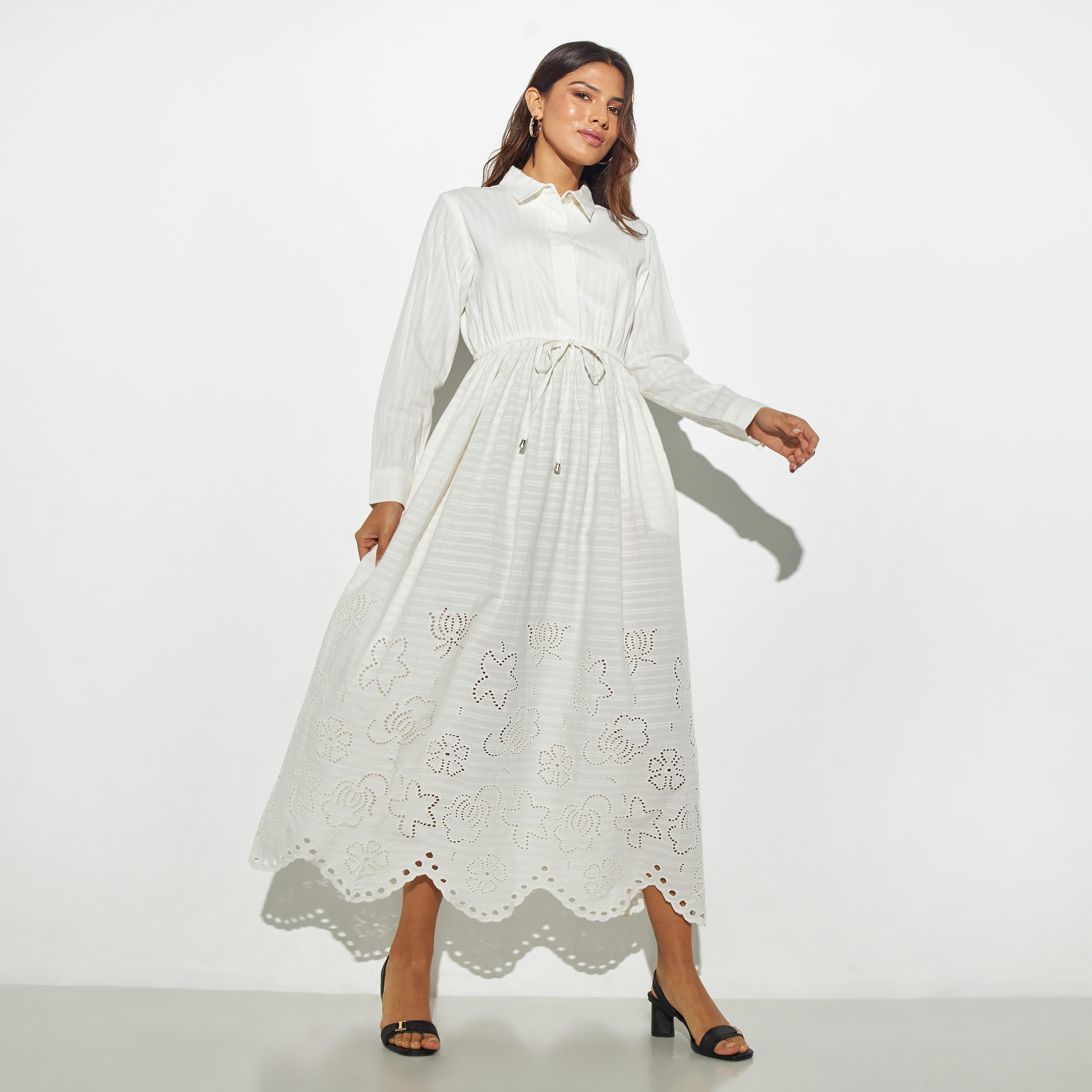 فستان قميص ميدي بارز الملمس بجيوب وأربطة-women-clothing-dresses-image-1
