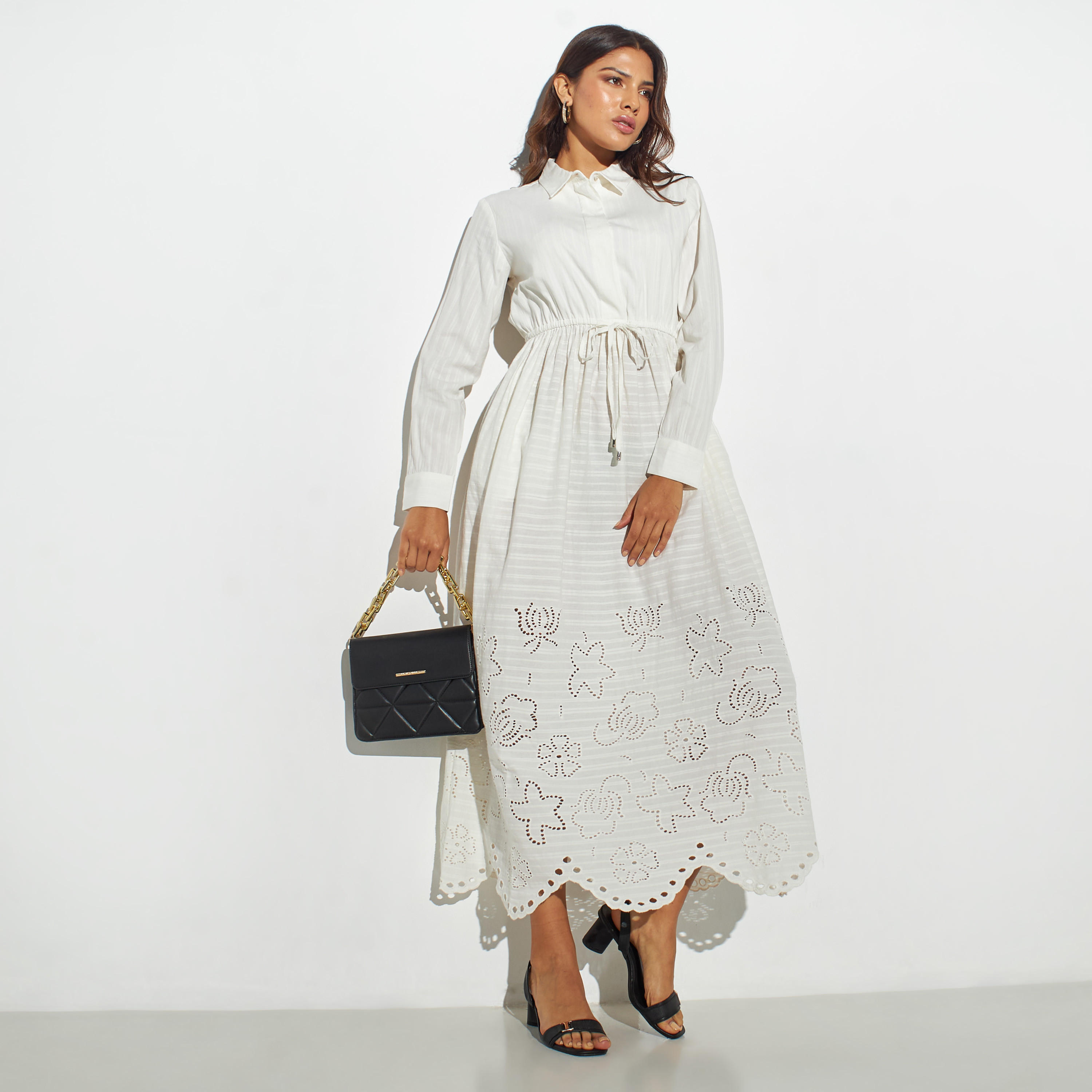 فستان قميص ميدي بارز الملمس بجيوب وأربطة-women-clothing-dresses-image-2
