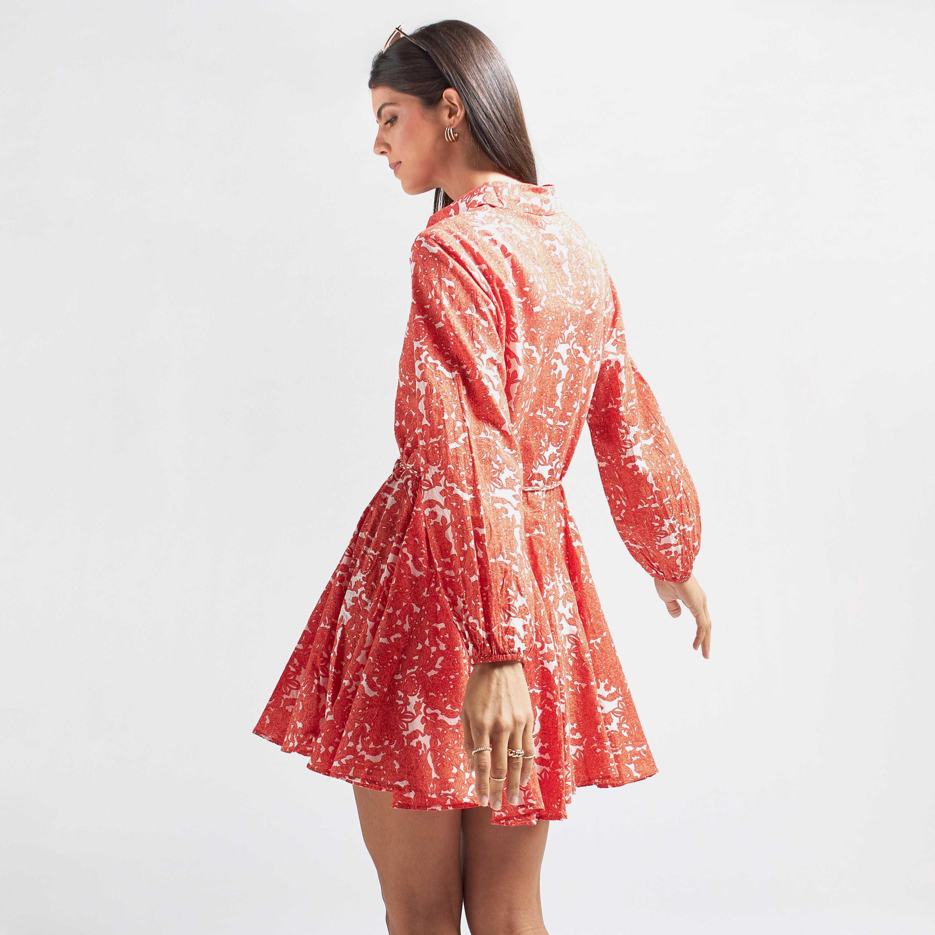 All-Over Print Mini Shirt Dress with Tie-Ups and Long Sleeves-women-clothing-dresses-image-3