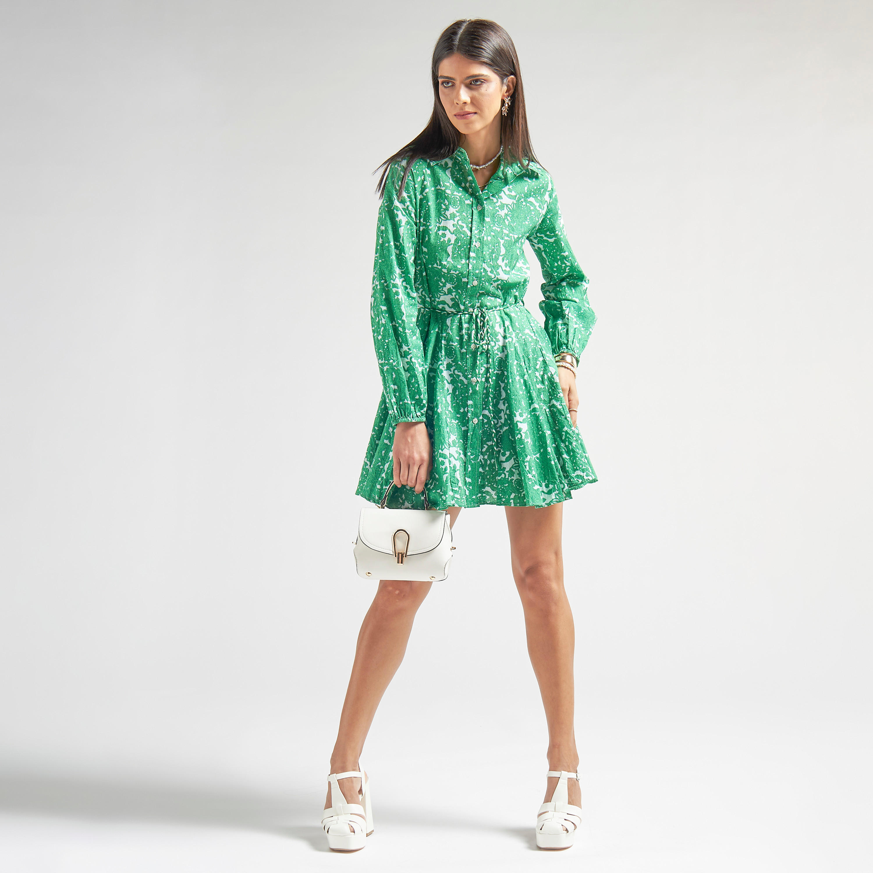 فستان قميص قصير بأكمام طويلة وأربطة وطبعات-women-clothing-dresses-image-2
