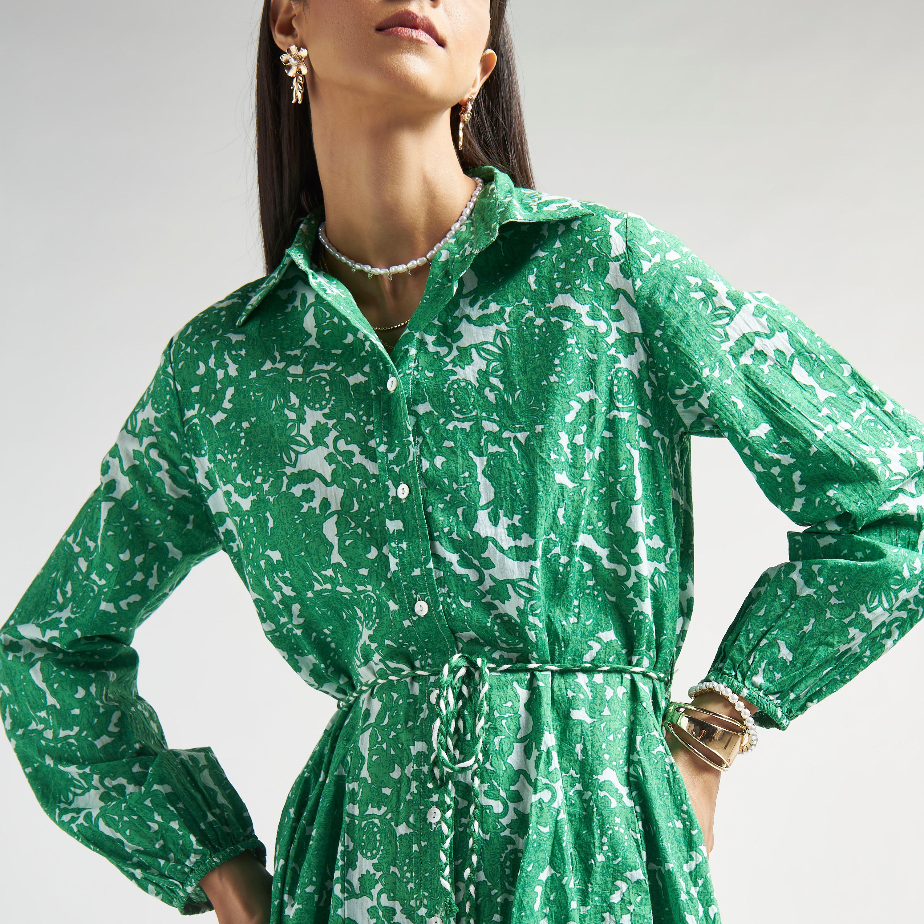 فستان قميص قصير بأكمام طويلة وأربطة وطبعات-women-clothing-dresses-image-3
