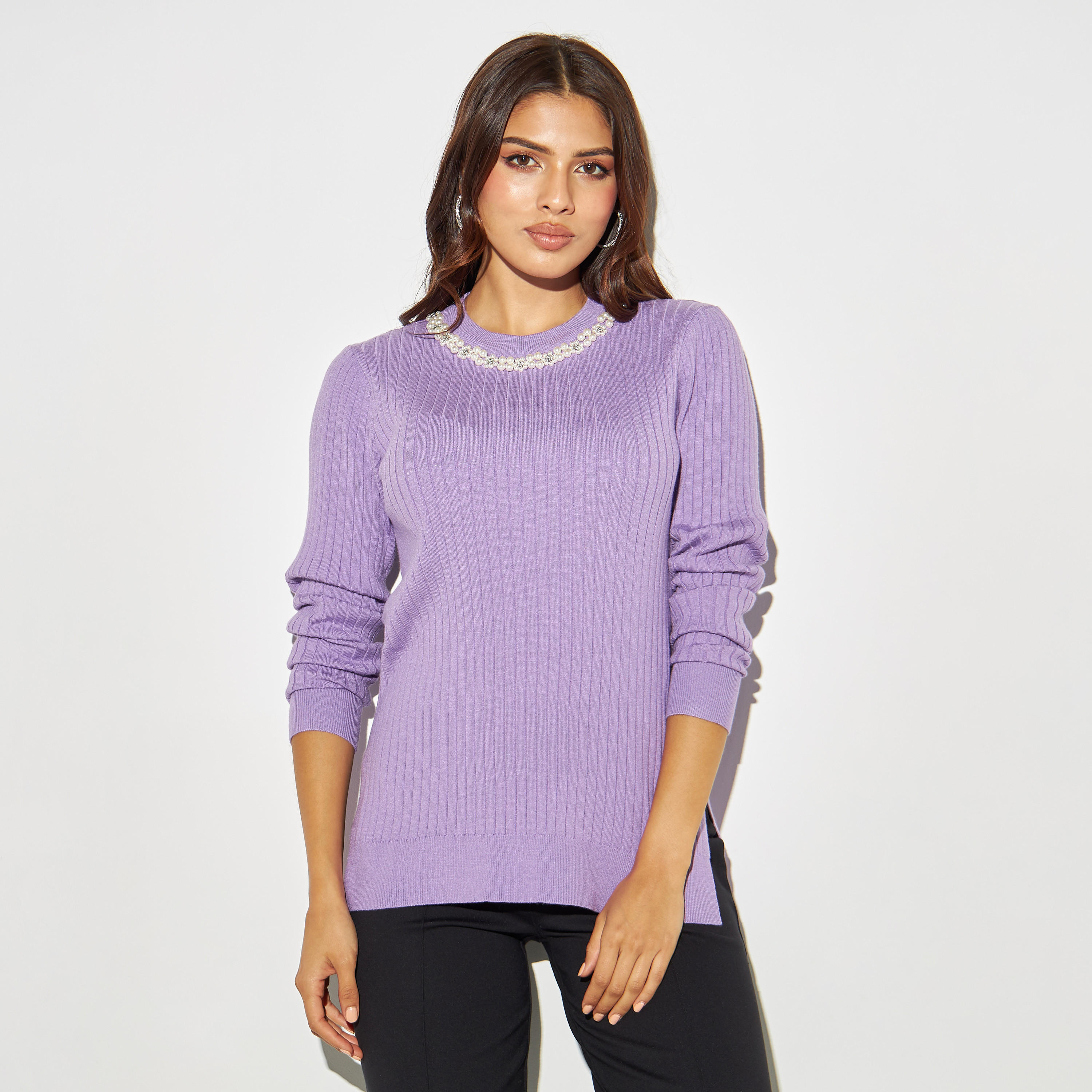 Embellished Crew Neck Sweater with Slits-women-winterwear-cardigansandjumpers-jumpers-image-5