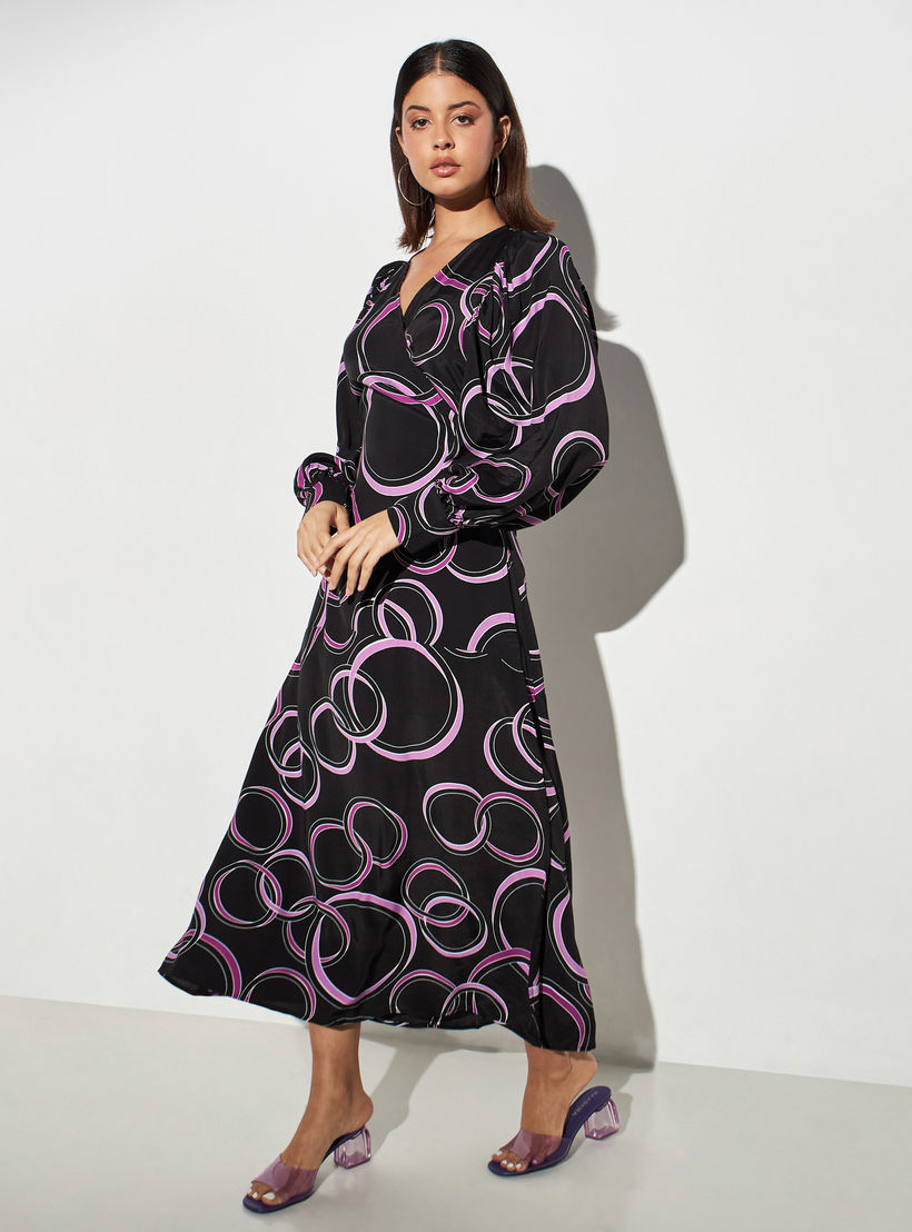 فستان ميدي بياقة V وأكمام منفوخة وطبعات أزهار-women-clothing-dresses-image-2