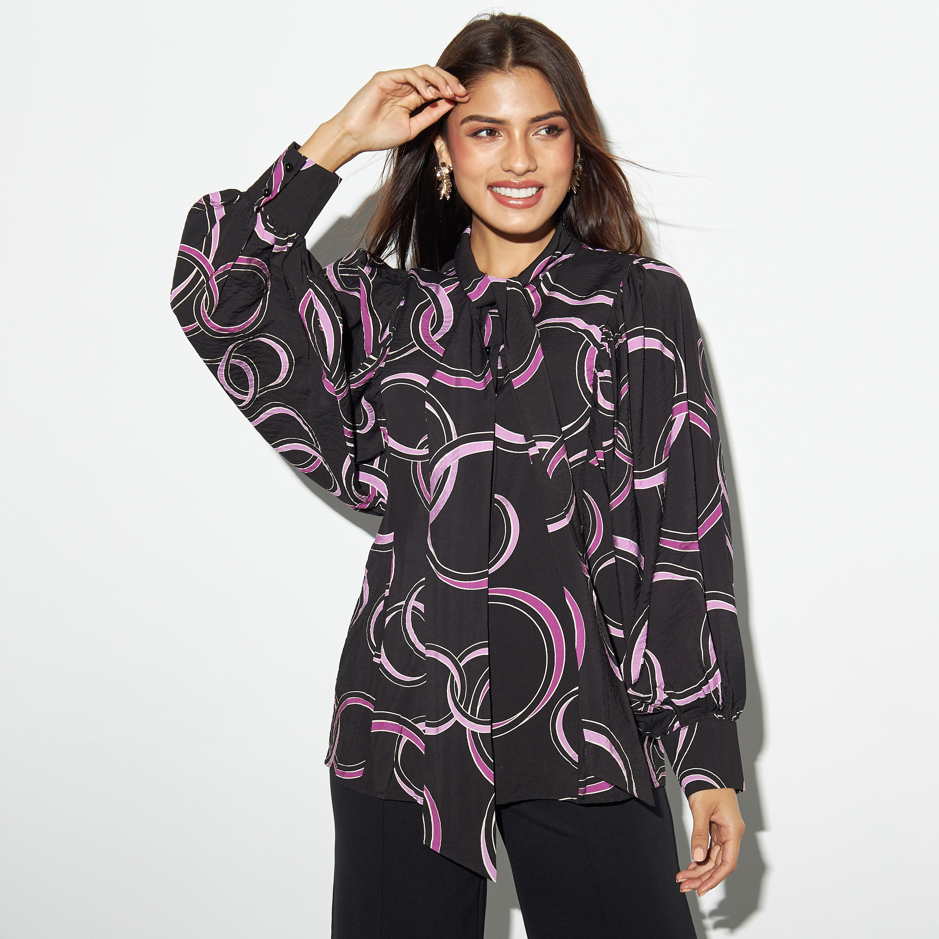 فستان قميص بأكمام واسعة وأربطة وطبعات-women-clothing-shirtsandblouses-shirts-image-1