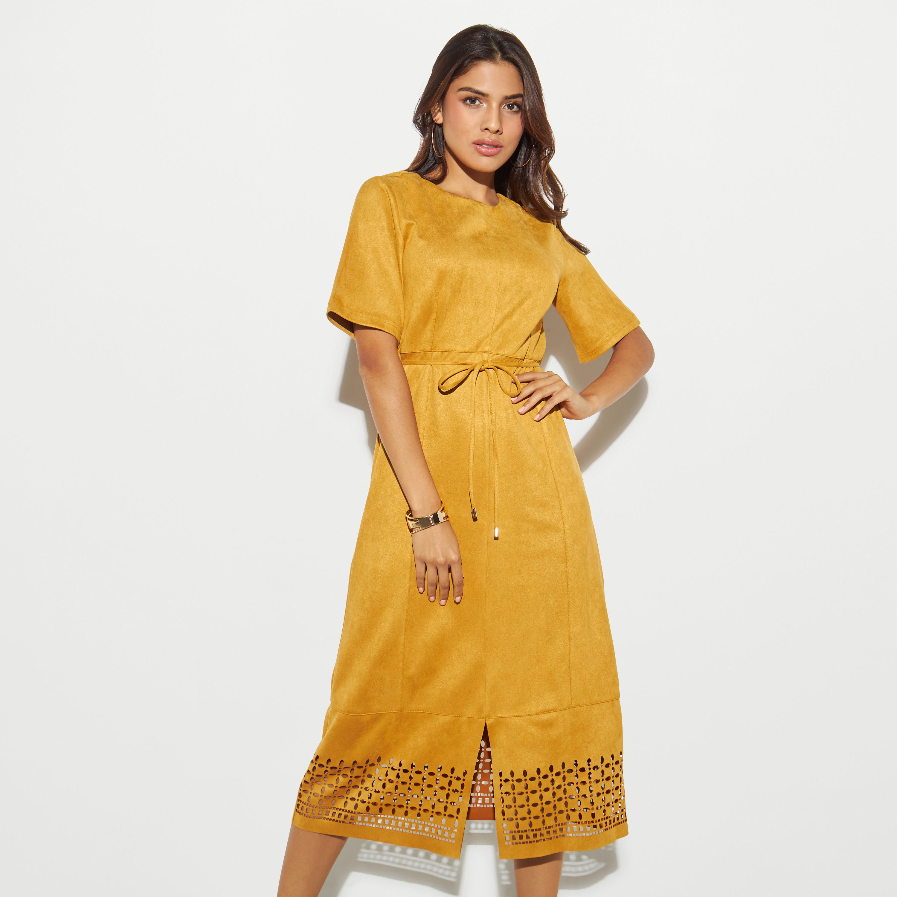 فستان ميدي إيه لاين بأكمام قصيرة وأربطة-women-clothing-dresses-image-1