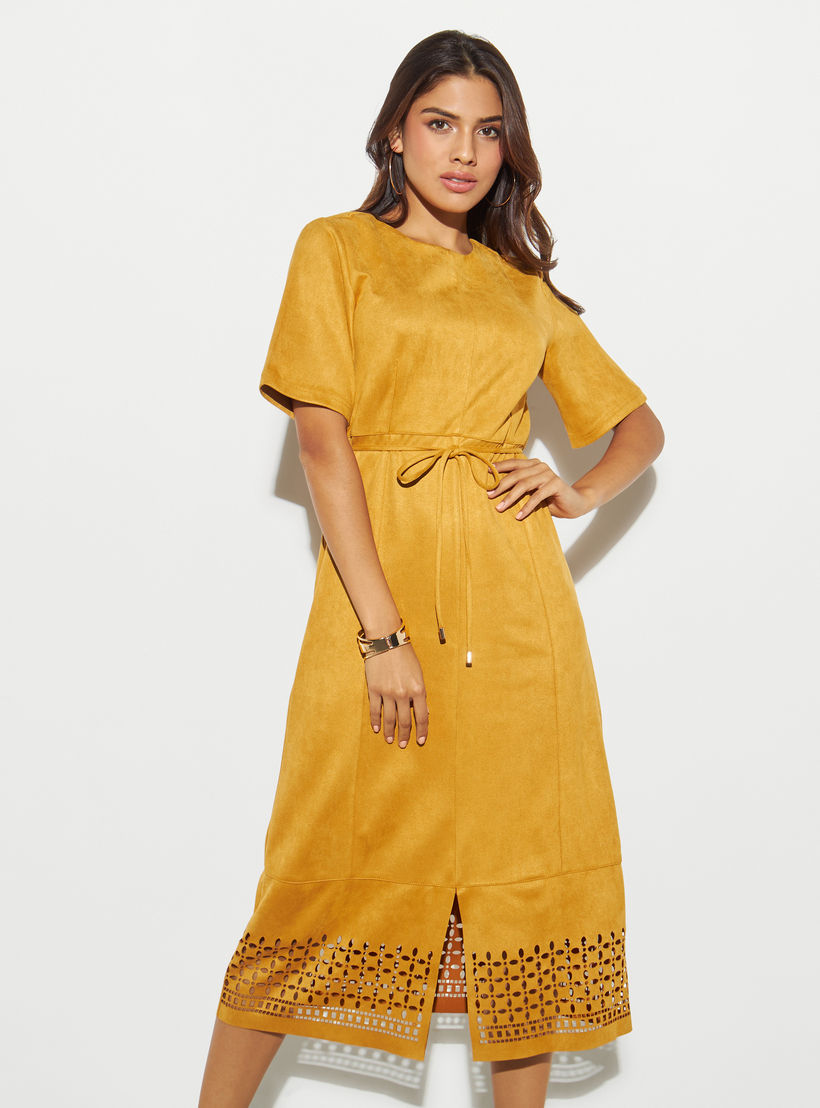فستان ميدي إيه لاين بأكمام قصيرة وأربطة-women-clothing-dresses-image-1