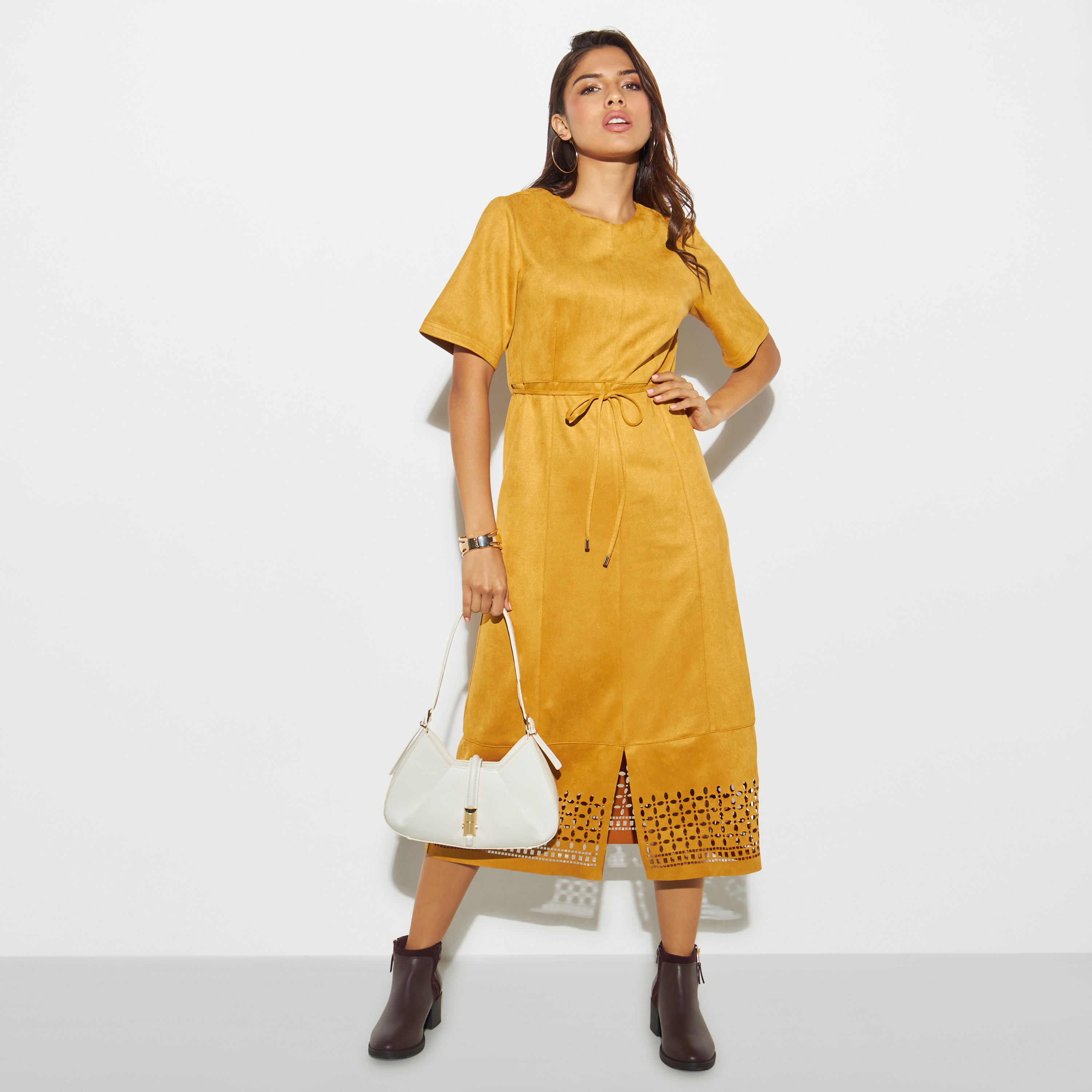 فستان ميدي إيه لاين بأكمام قصيرة وأربطة-women-clothing-dresses-image-2