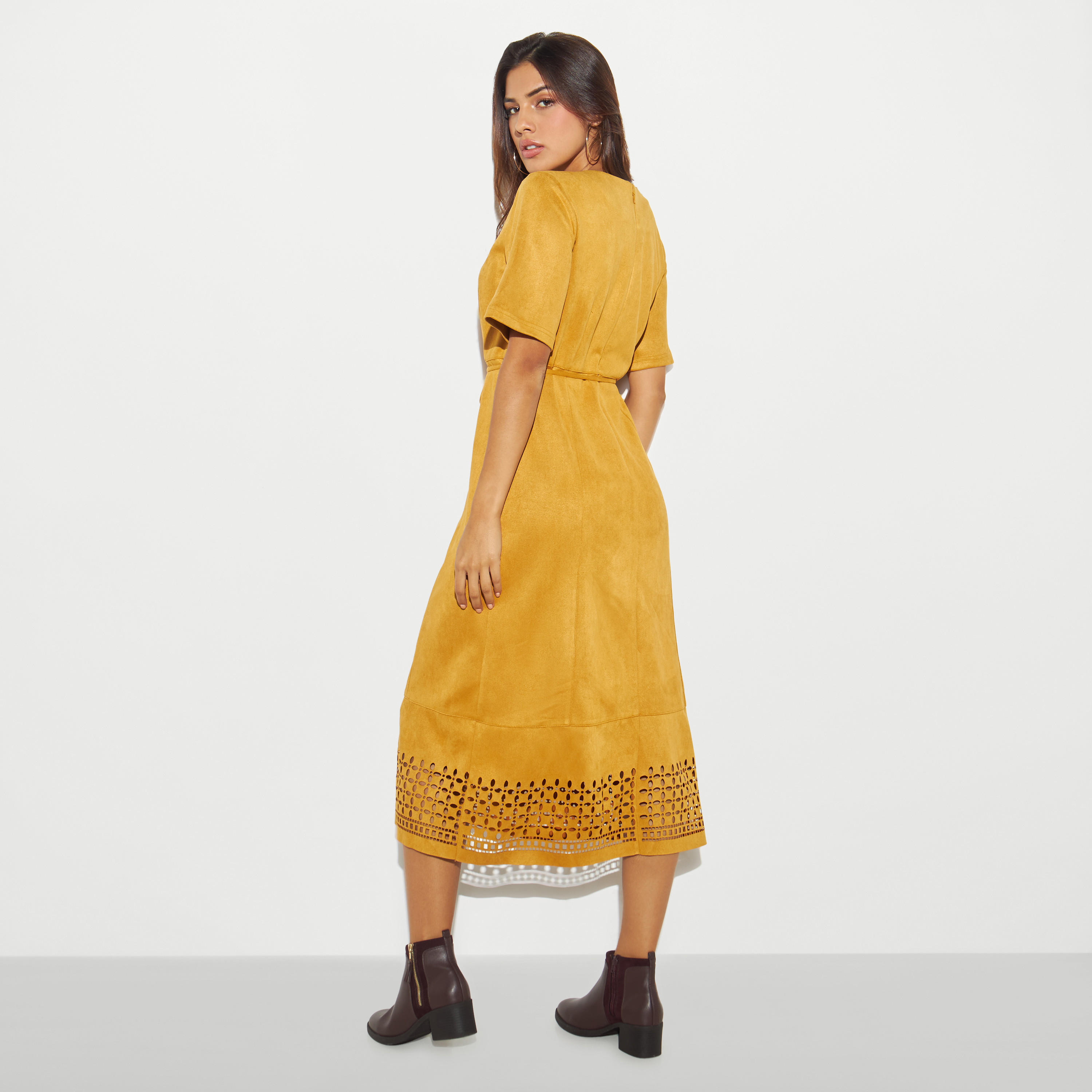 فستان ميدي إيه لاين بأكمام قصيرة وأربطة-women-clothing-dresses-image-3