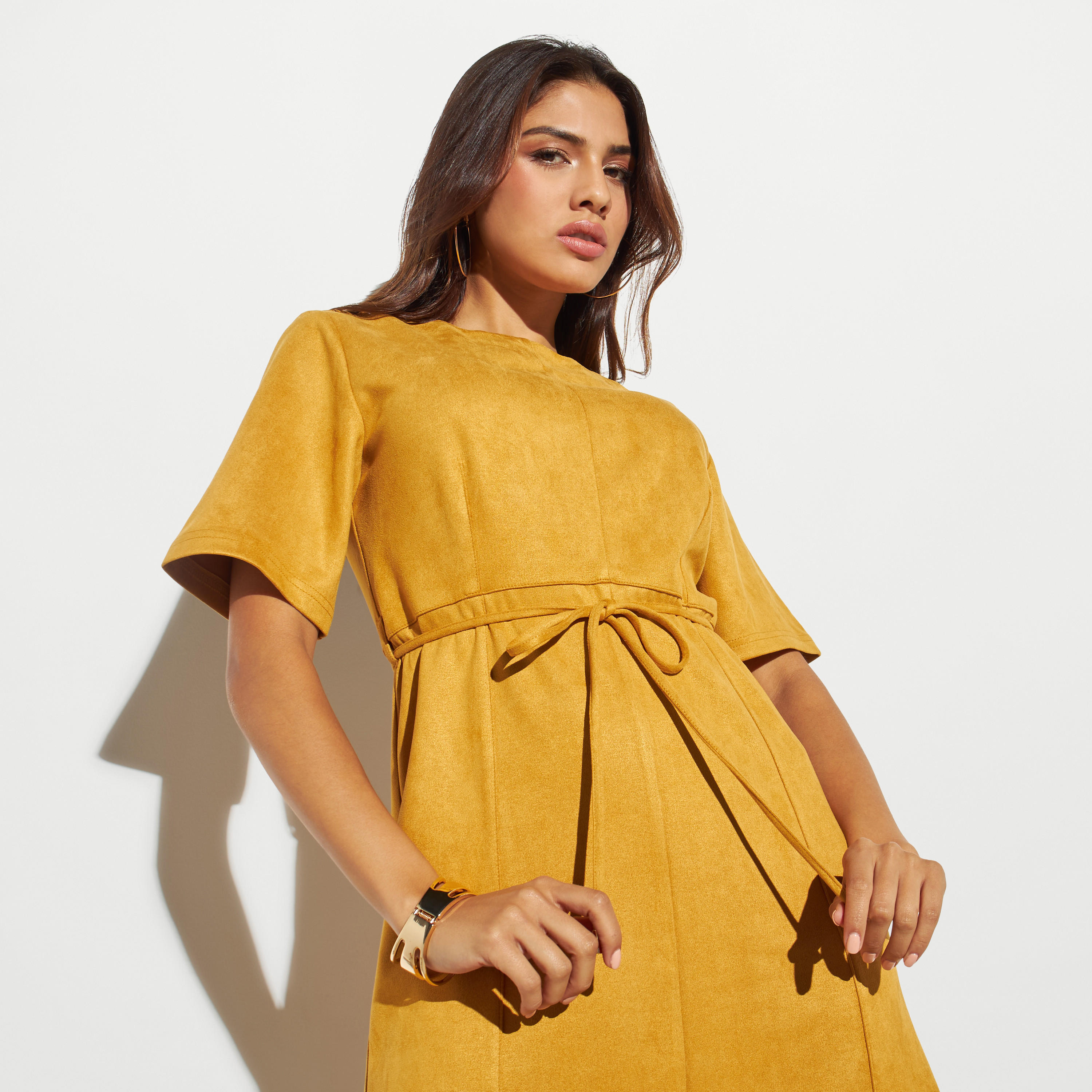 فستان ميدي إيه لاين بأكمام قصيرة وأربطة-women-clothing-dresses-image-4