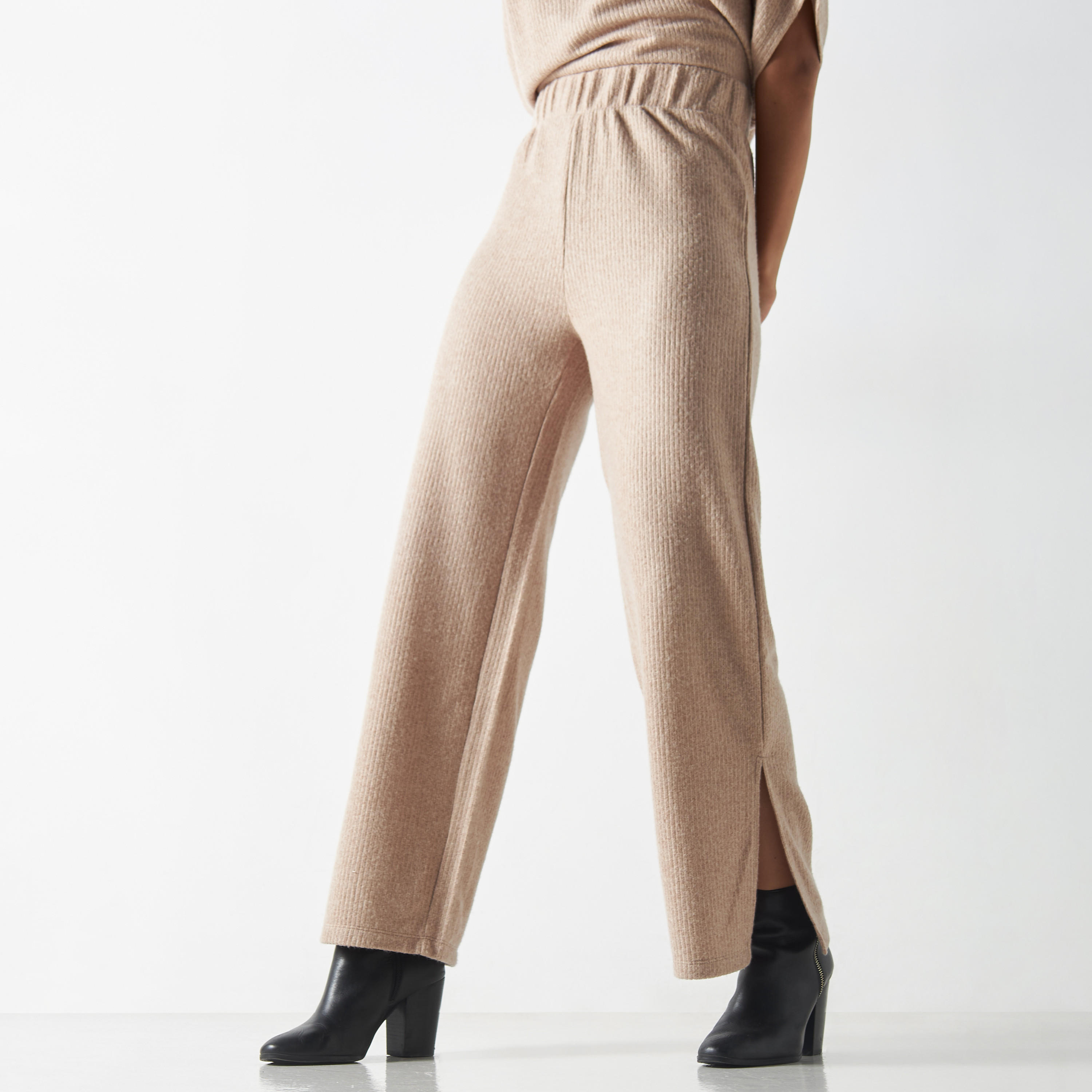 Textured Pants with Elasticated Waistband and Slit Detail-women-clothing-bottoms-trousers-image-1