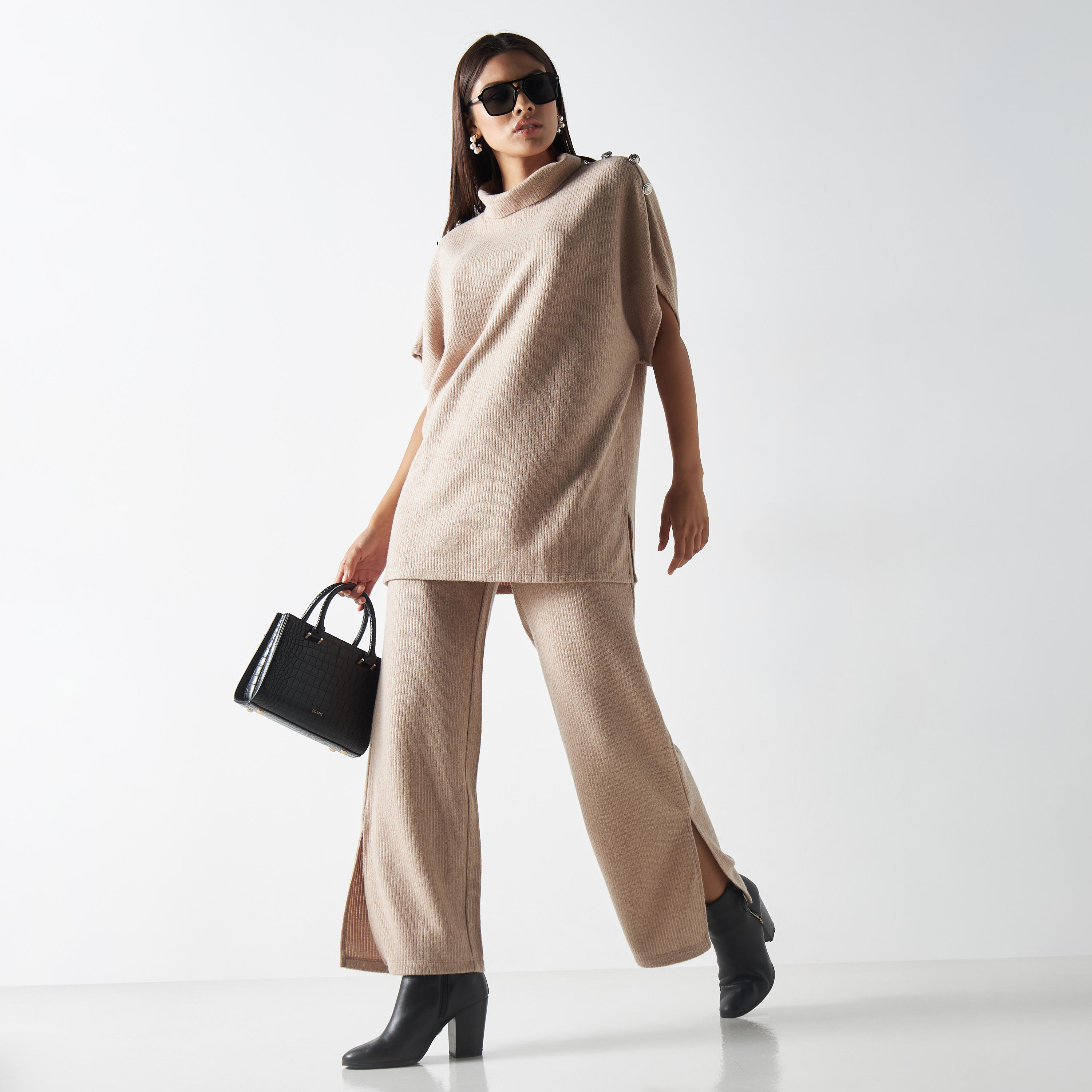 Textured Pants with Elasticated Waistband and Slit Detail-women-clothing-bottoms-trousers-image-2