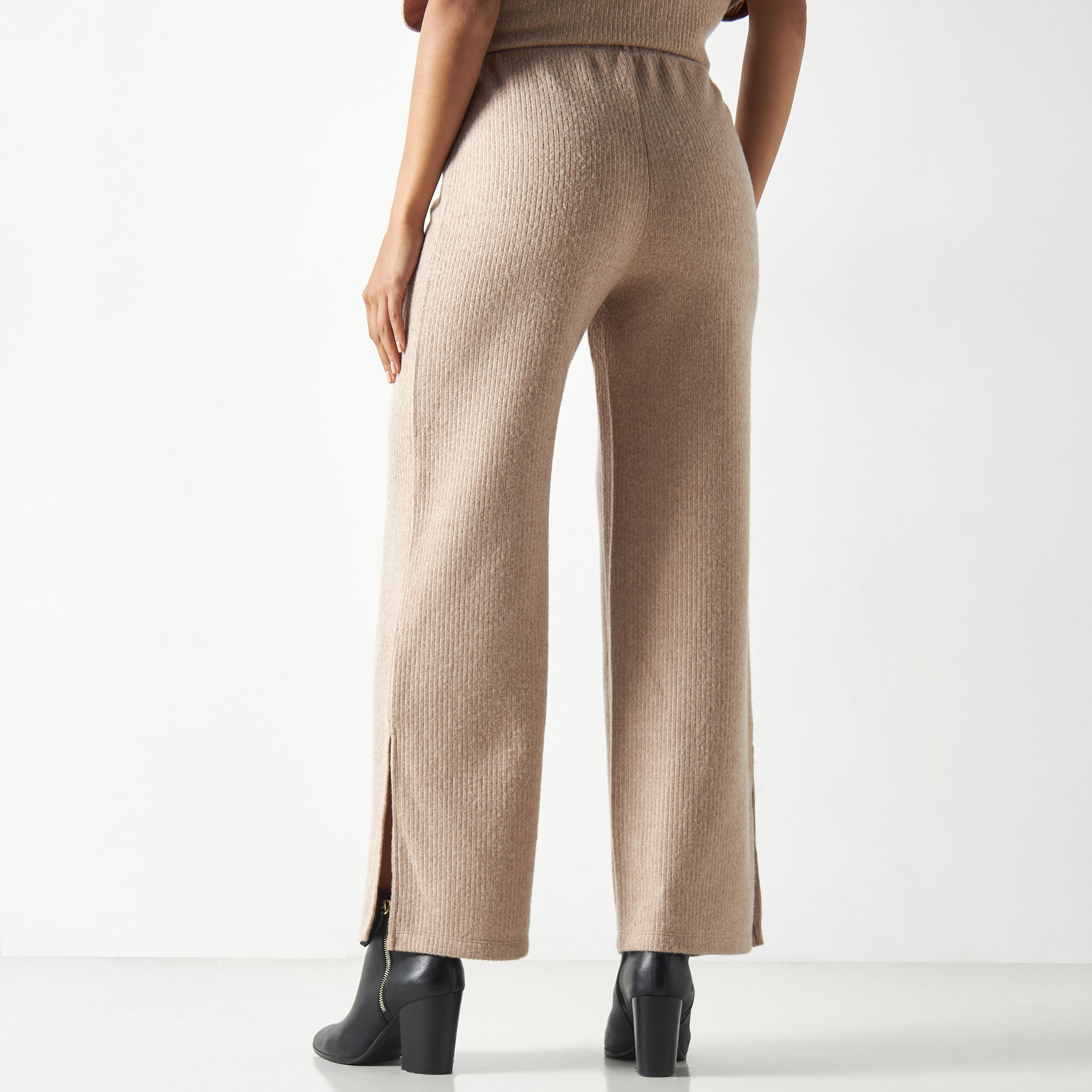 Textured Pants with Elasticated Waistband and Slit Detail-women-clothing-bottoms-trousers-image-3