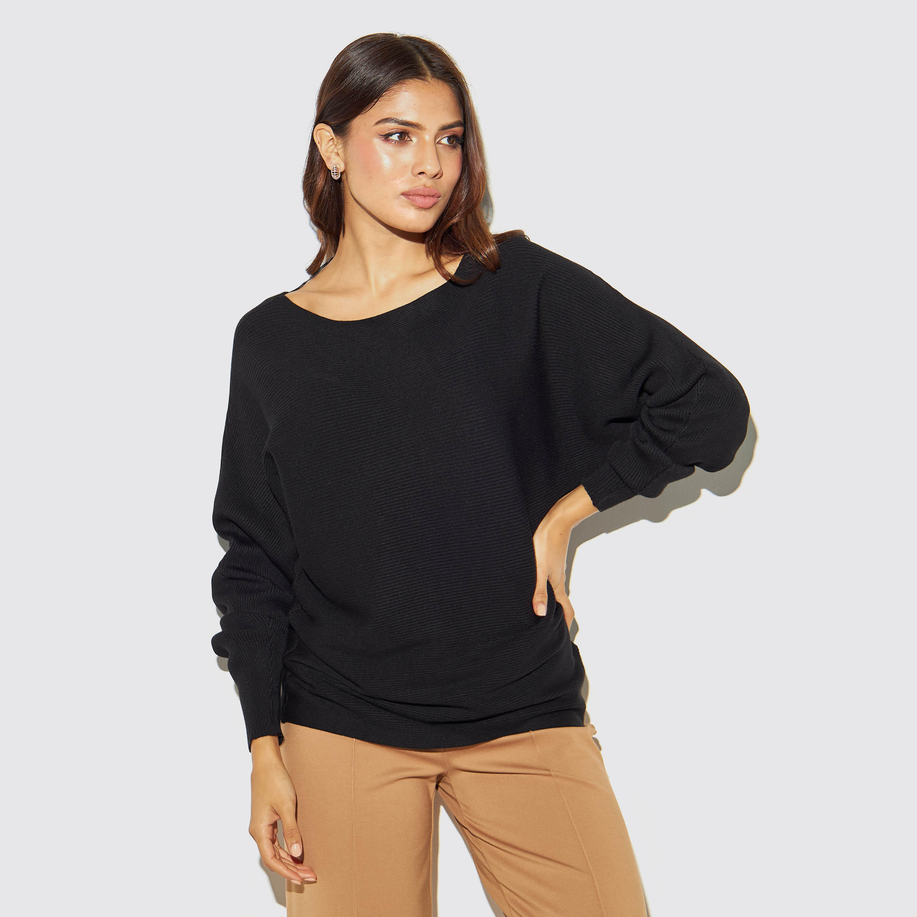 تيشيرت بارز الملمس بياقة مستديرة وأكمام واسعة-women-clothing-tshirts-image-4