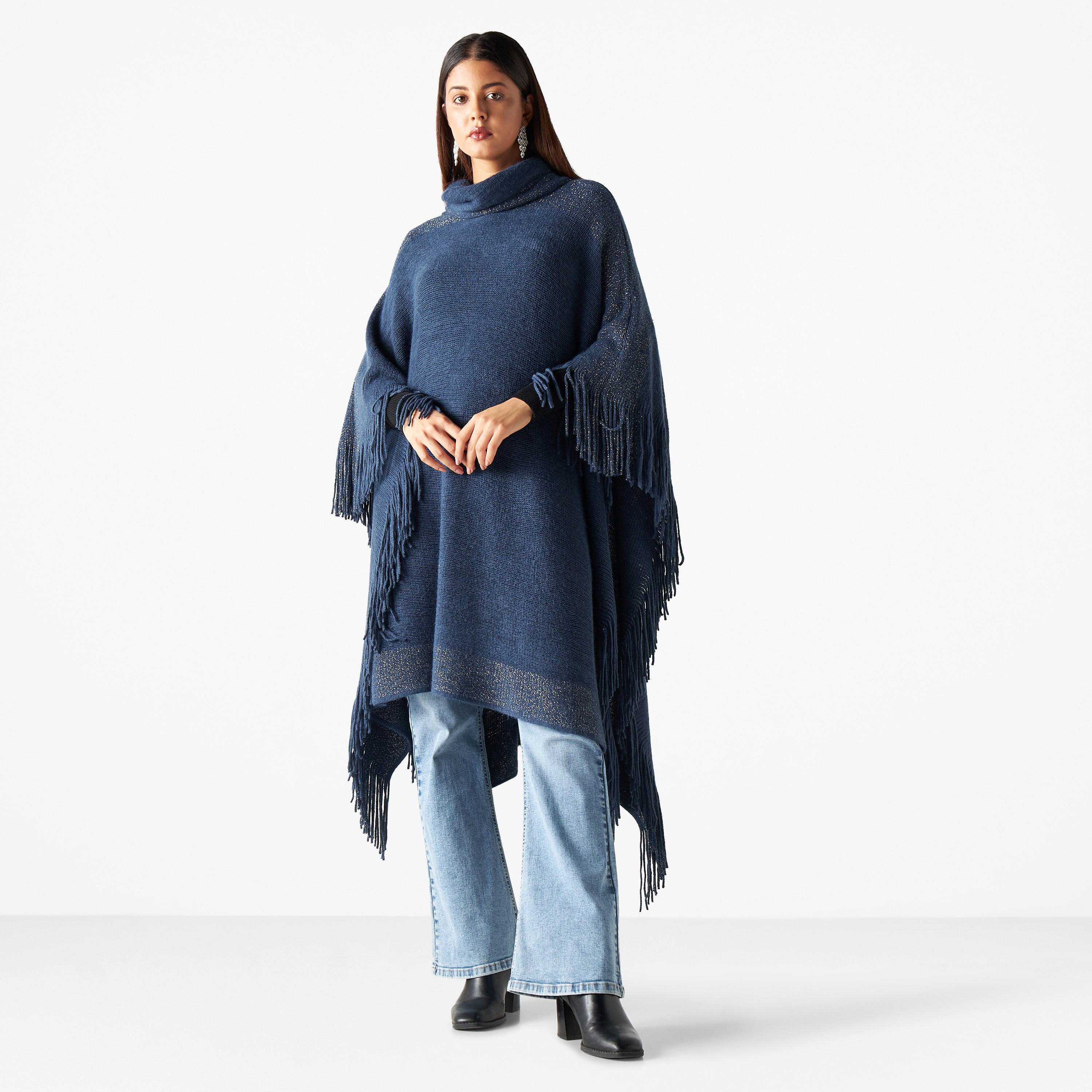 كارديجان بونشو بارز الملمس بياقة منسدلة-women-winterwear-cardigansandjumpers-cardigans-image-2